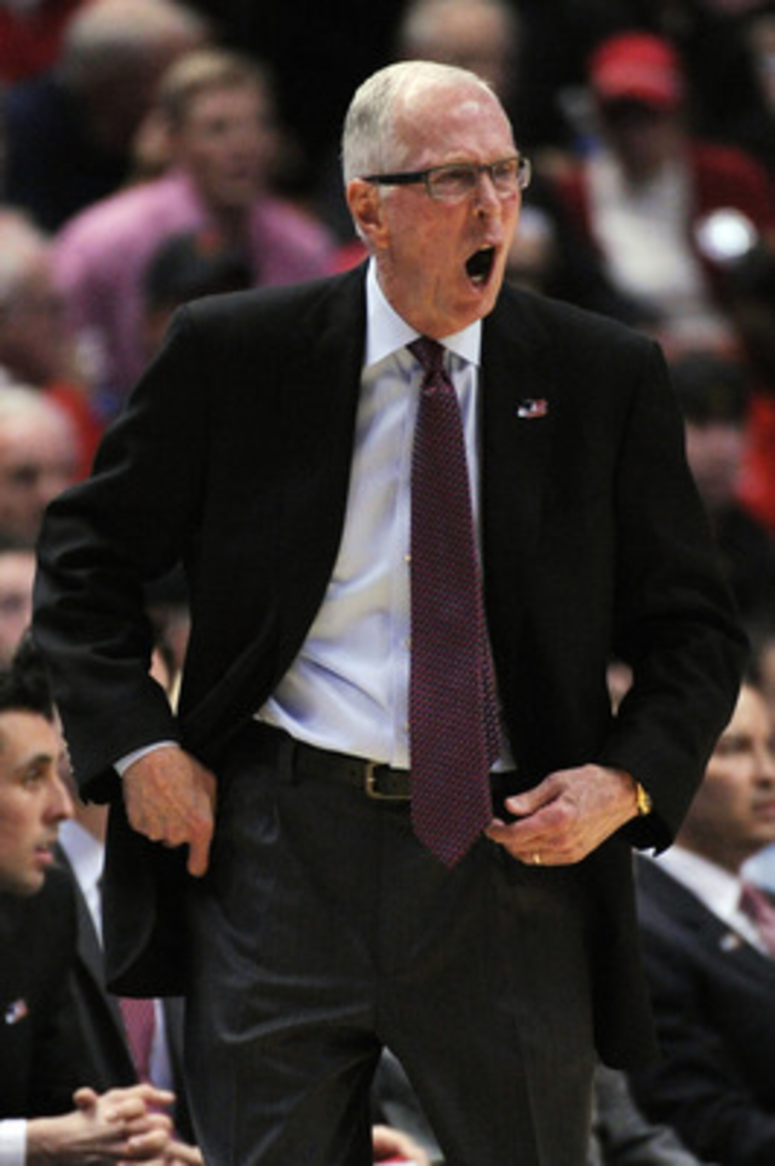 ANAHEIM, CA - MARCH 24:  Head coach Steve Fisher of the San Diego State Aztecs shouts from the sidelines during the west regional semifinal of the 2011 NCAA men's basketball tournament at the Honda Center on March 24, 2011 in Anaheim, California.  (Photo