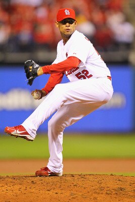 ST. LOUIS, MO - APRIL 22: Reliever Eduardo Sanchez #52 of the St. Louis Cardinals pitches against the Cincinnati Reds at Busch Stadium on April 22, 2011 in St. Louis, Missouri.  (Photo by Dilip Vishwanat/Getty Images)