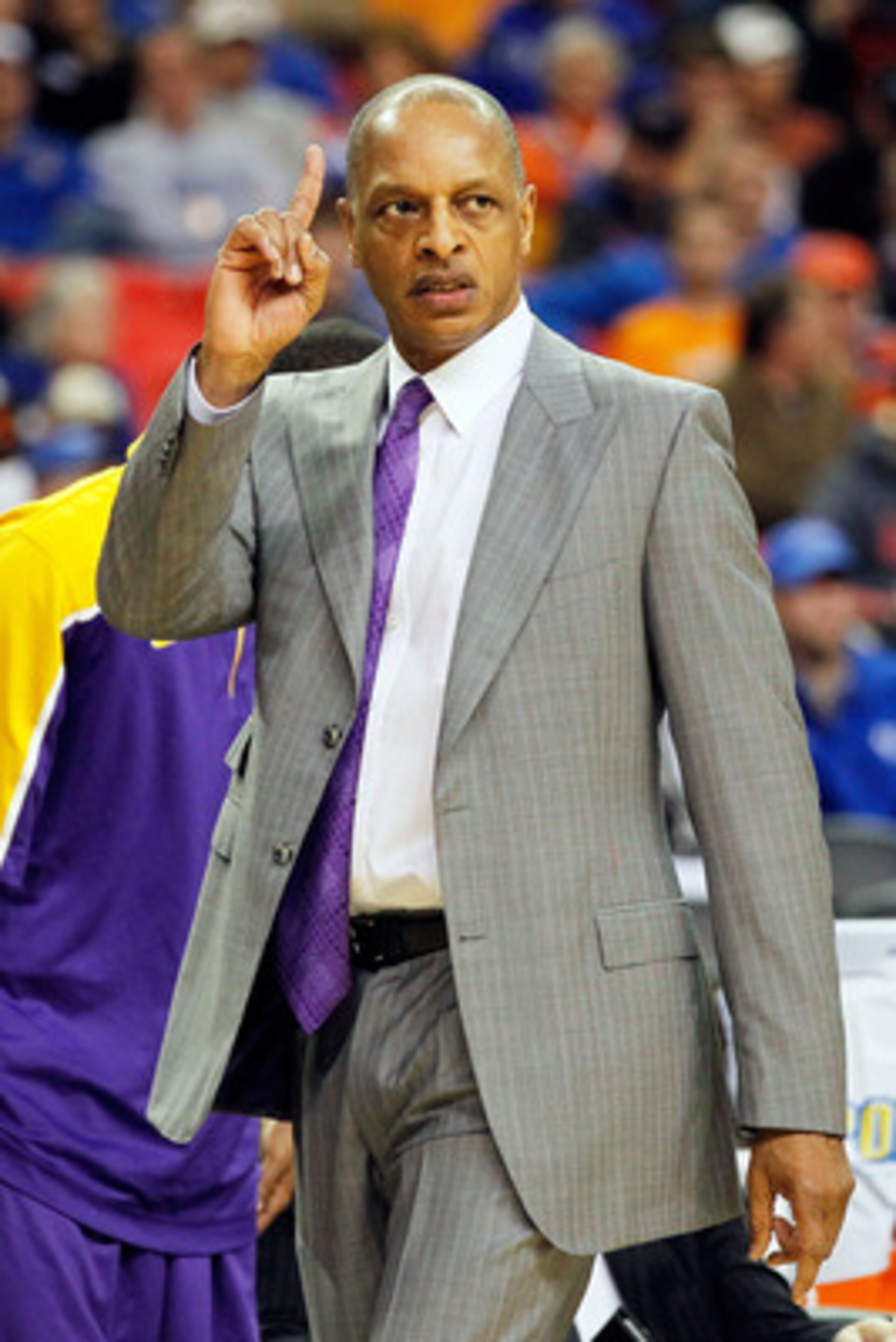 ATLANTA, GA - MARCH 10:  Head coach Trent Johnson of the LSU Tigers reacts during their game against the Vanderbilt Commodores in the first round of the SEC Men's Basketball Tournament at the Georgia Dome on March 10, 2011 in Atlanta, Georgia.  (Photo by