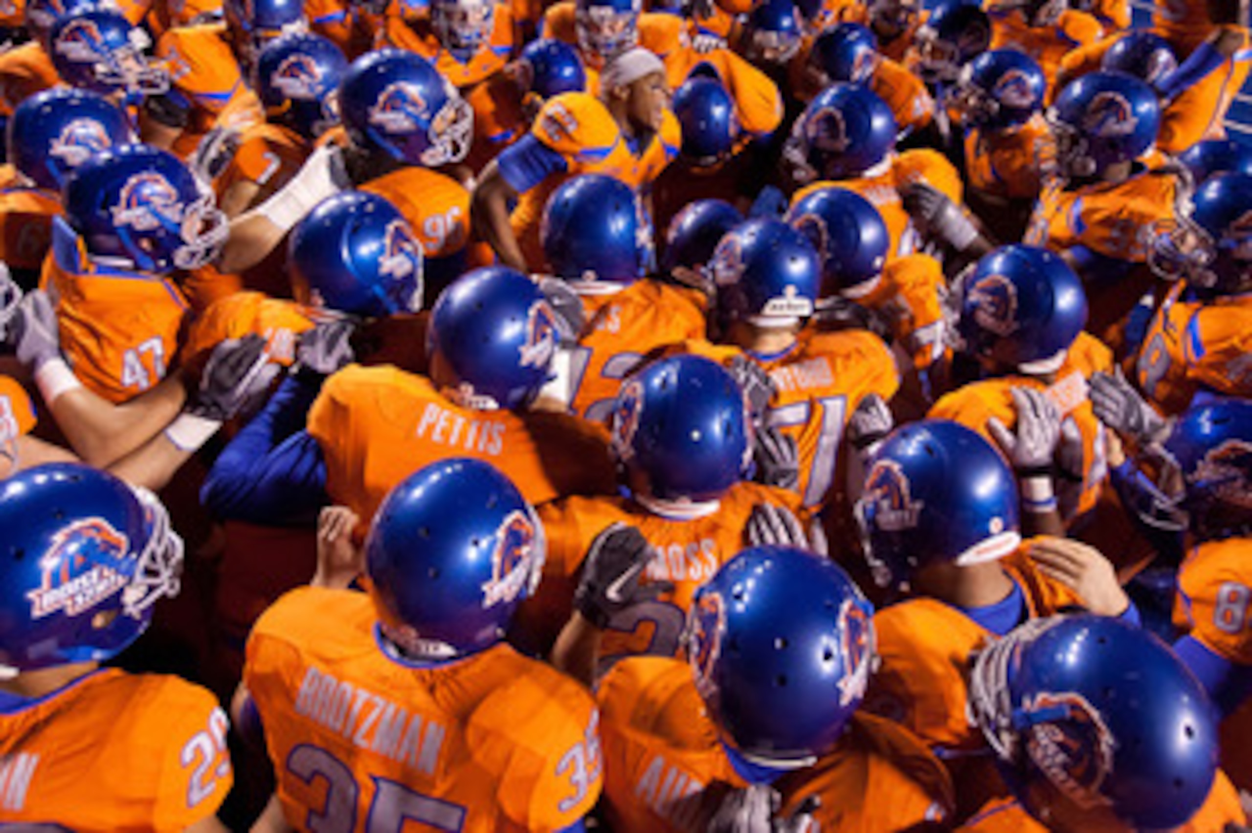 BOISE, ID - NOVEMBER 19:  Derrell Acrey #52 psyches up the Boise State Broncos before the game against the Fresno State Bulldogs at Bronco Stadium on November 19, 2010 in Boise, Idaho.  (Photo by Otto Kitsinger III/Getty Images)