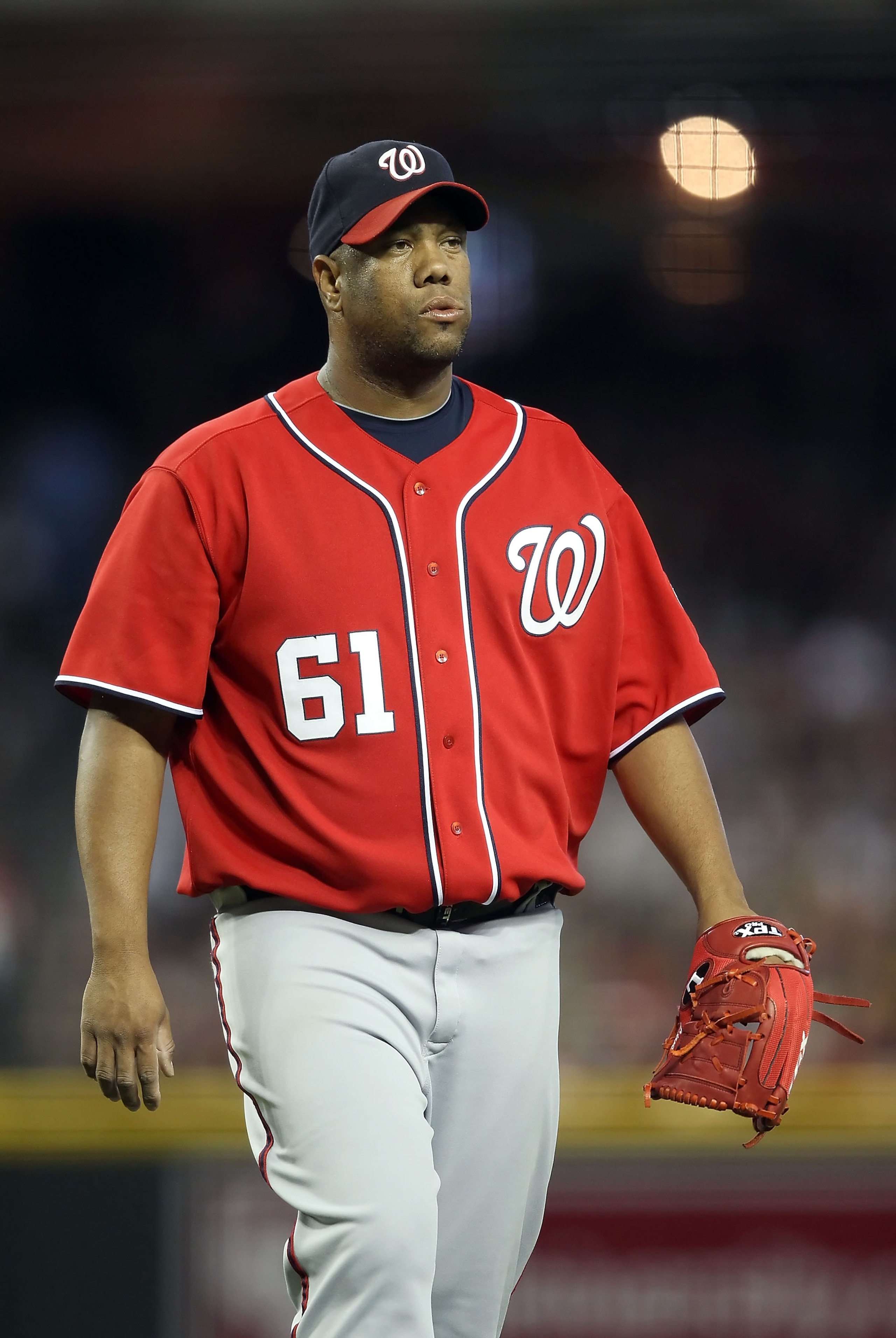 PHOENIX, AZ - JUNE 04:  Starting pitcher Livan Hernandez #61 of the Washington Nationals during the Major League Baseball game against the Arizona Diamondbacks at Chase Field on June 4, 2011 in Phoenix, Arizona.  The Diamondbacks defeated the Nationals 2-