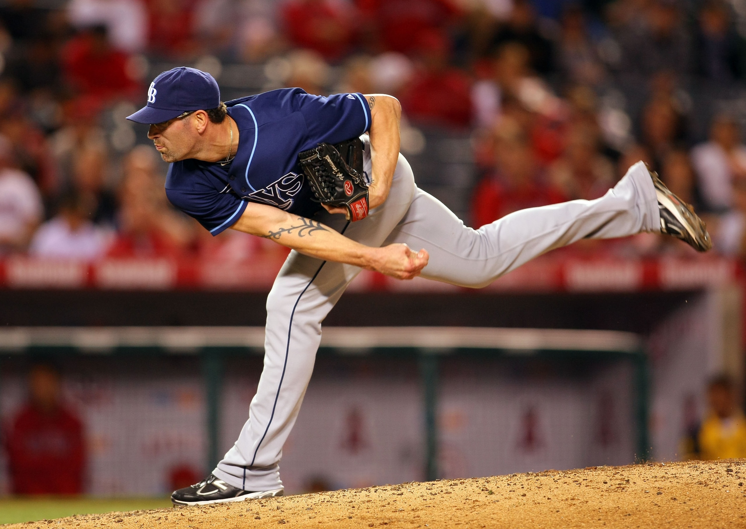 ANAHEIM, CA - JUNE 06:  Kyle Farnsworth #43 of the Tampa Bay Rays pitches in relief in the ninth inning against the Los Angeles Angels of Anaheim during their MLB game at Angel Stadium of Anaheim on June 6, 2011 in Anaheim, California. The Rays defeated t