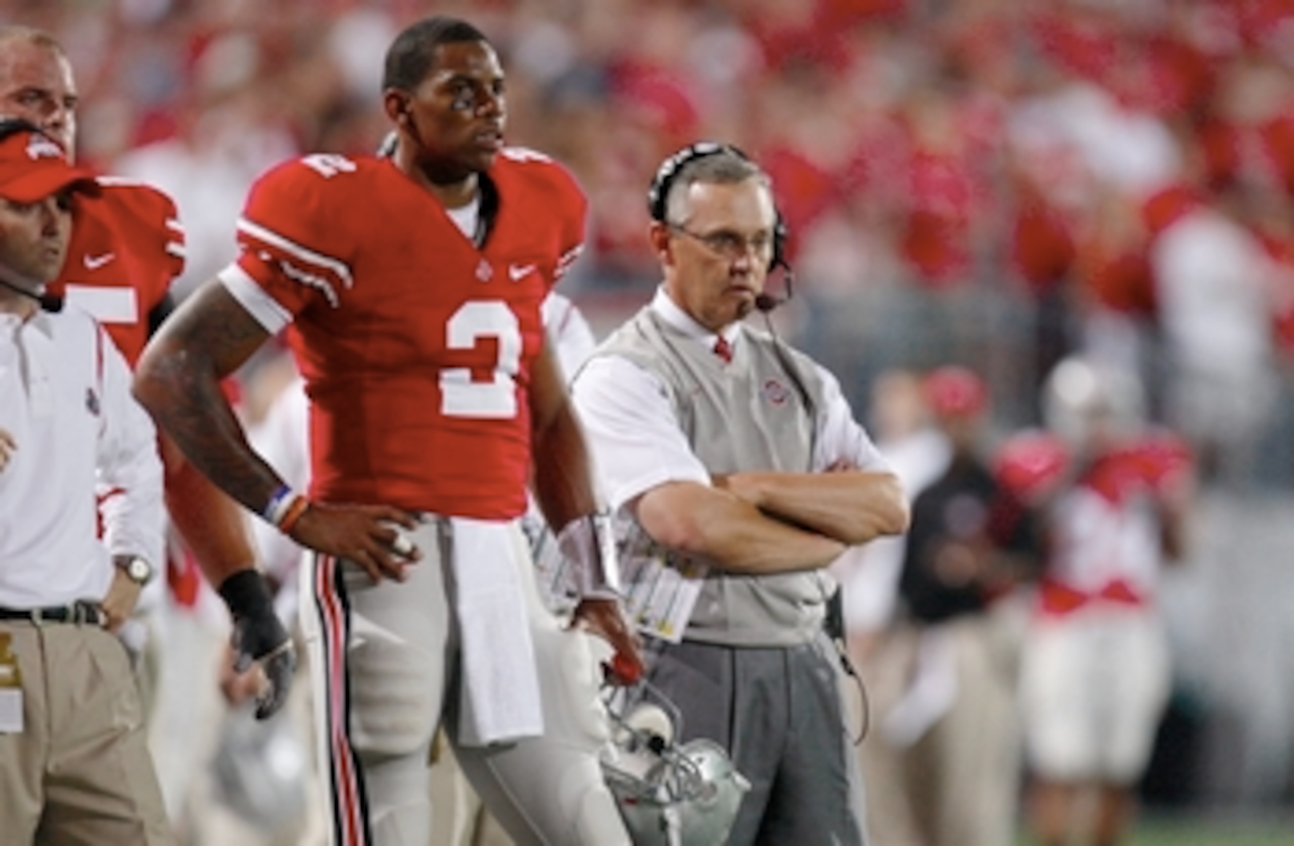 COLUMBUS, OH - SEPTEMBER 12:  Terrelle Pryor #2 and head coach Jim Tressel of the Ohio State Buckeyes look on from the sidelines during their game against the USC Trojans at Ohio Stadium on September 12, 2009 in Columbus, Ohio. (Photo by Gregory Shamus/Ge