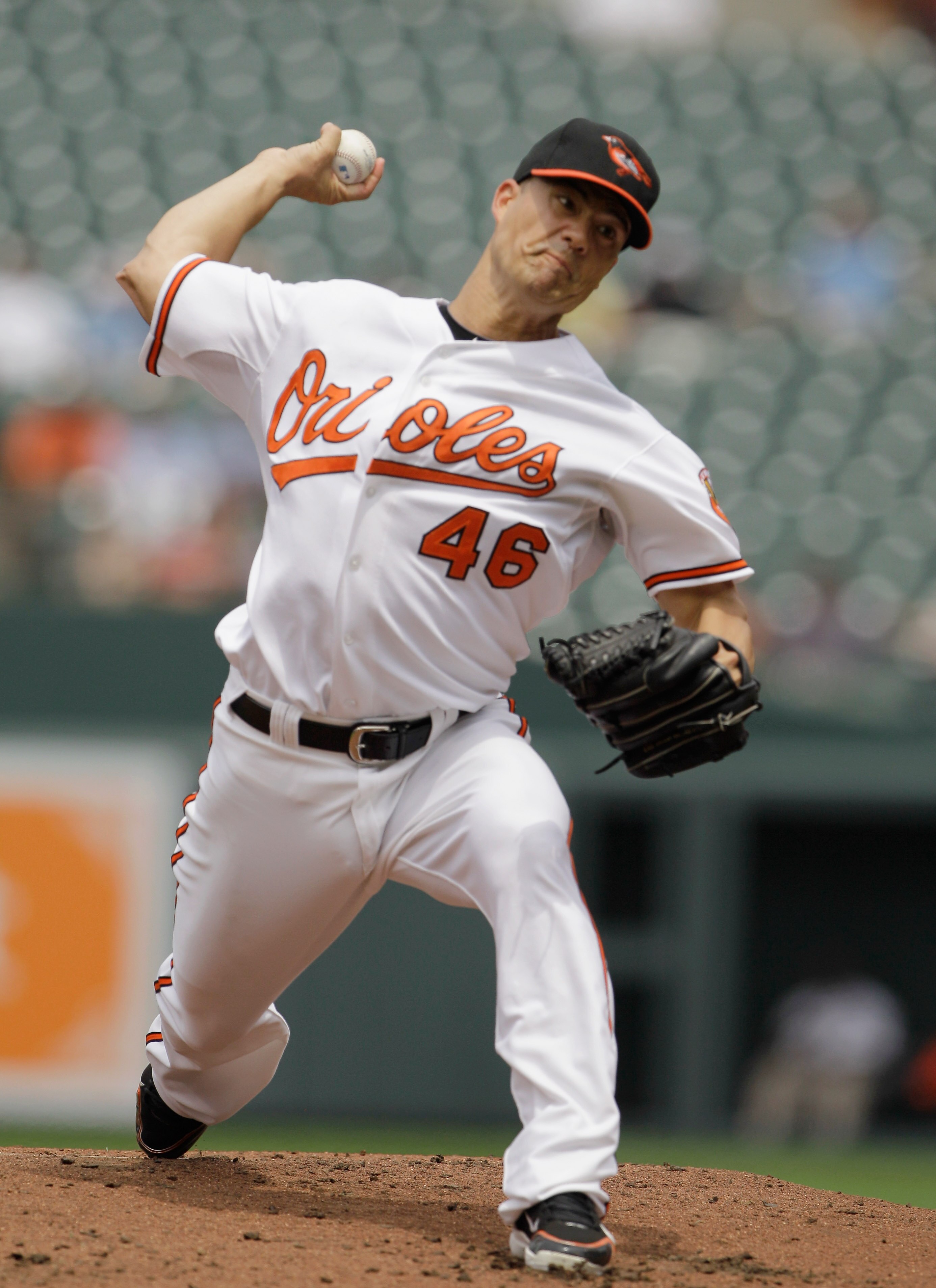 BALTIMORE, MD - JUNE 05:  Starting pitcher Jeremy Guthrie #46 of the Baltimore Orioles delivers to a Toronto Blue Jays batter during the second inning at Oriole Park at Camden Yards on June 5, 2011 in Baltimore, Maryland.  (Photo by Rob Carr/Getty Images)
