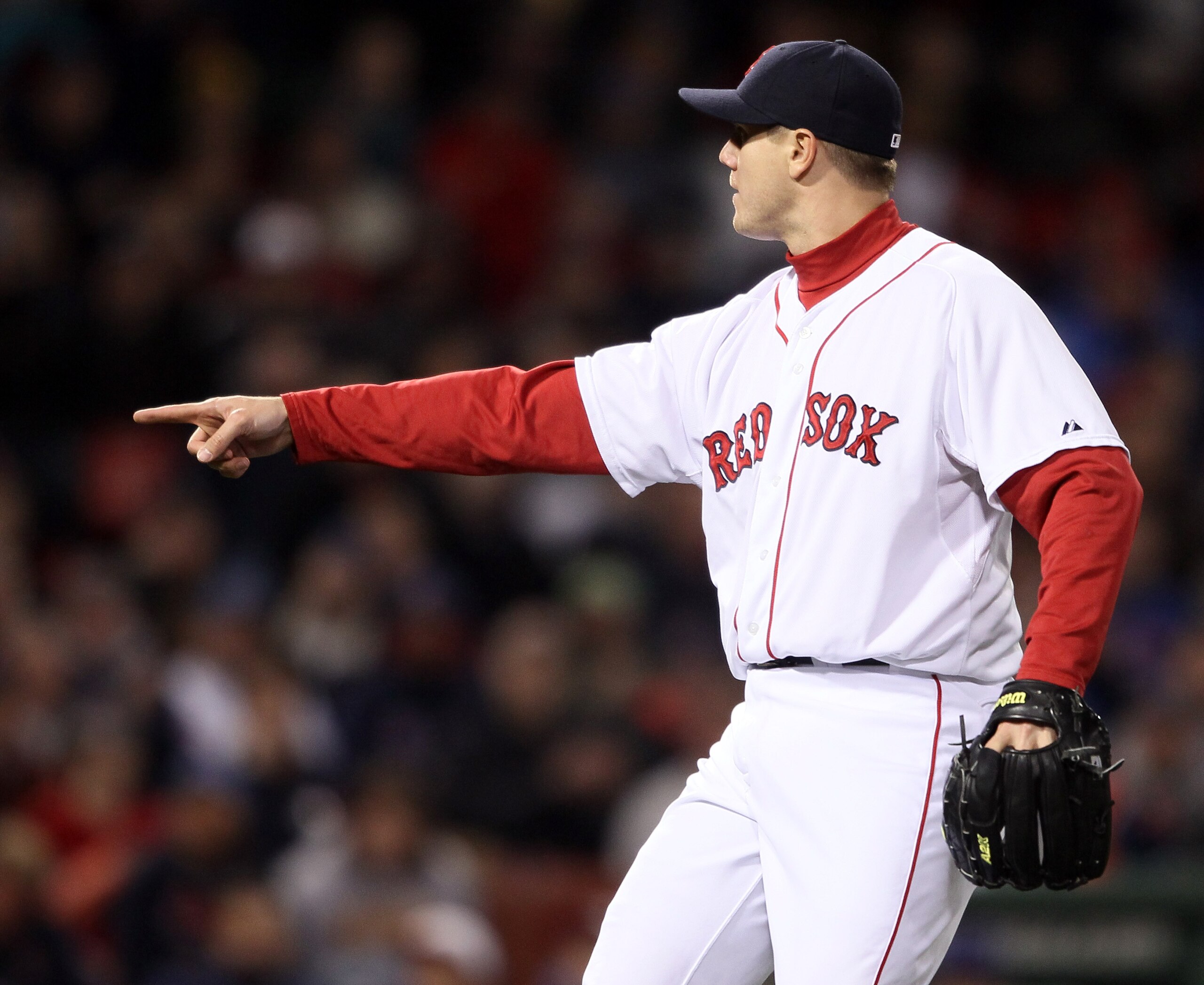 BOSTON, MA - MAY 22:  Jonathan Papelbon #58 of the Boston Red Sox points to the ball in the ninth inning against the Chicago Cubs on May 22, 2011 at Fenway Park in Boston, Massachusetts.  Before this series, the two teams haven't played at Fenway Park sin