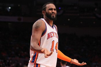 NEW YORK, NY - APRIL 24:  Ronny Turiaf #14 of the New York Knicks reacts against the Boston Celtics in Game Four of the Eastern Conference Quarterfinals during the 2011 NBA Playoffs on April 24, 2011 at Madison Square Garden in New York City. NOTE TO USER