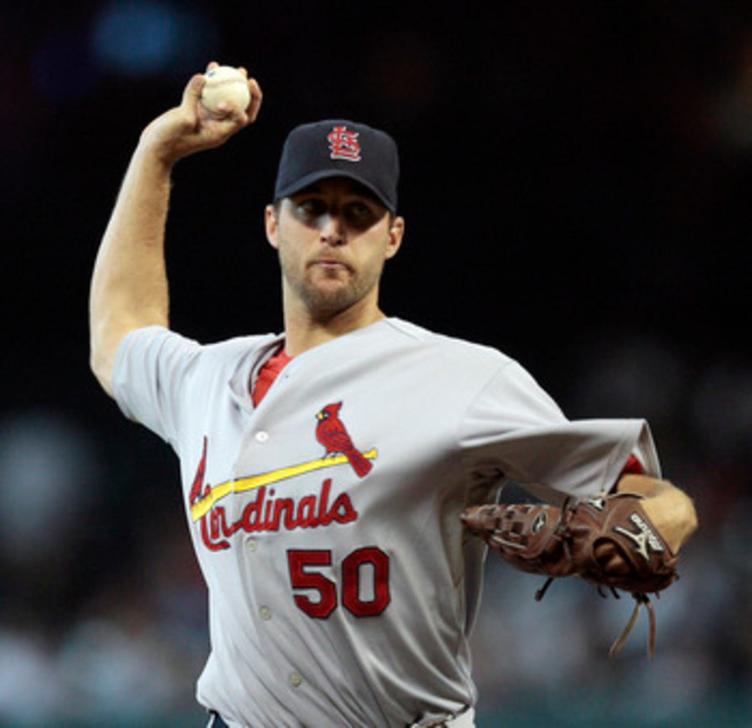 HOUSTON - JULY 09:  Pitcher Adam Wainwright #50 of the St. Louis Cardinals throws in the first inning against the Houston Astros at Minute Maid Park on July 9, 2010 in Houston, Texas.  (Photo by Bob Levey/Getty Images)