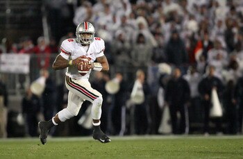 STATE COLLEGE, PA - NOVEMBER 7: Quarterback Terrelle Pryor #2 of the Ohio State Buckeyes rolls out to pass during a game against the Penn State Nittany Lions on November 7, 2009 at Beaver Stadium in State College, Pennsylvania. Ohio State won 24-7. (Photo