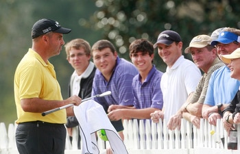 MADISON, MS - OCTOBER 29:  Rocco Mediate talks with fans after first round play was postponed in the Viking Classic at the Annandale Golf Club on October 29, 2009 in  Madison, Mississippi.  (Photo by Dave Martin/Getty Images)