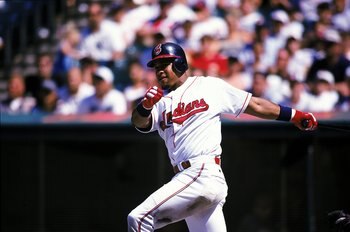 Manny Ramirez #24 of the Cleveland Indians swings at the ball during the game against the Chicago White Sox at the Jacobs Field in Cleveland, Ohio. The White Sox defeated the Indians 3-6.