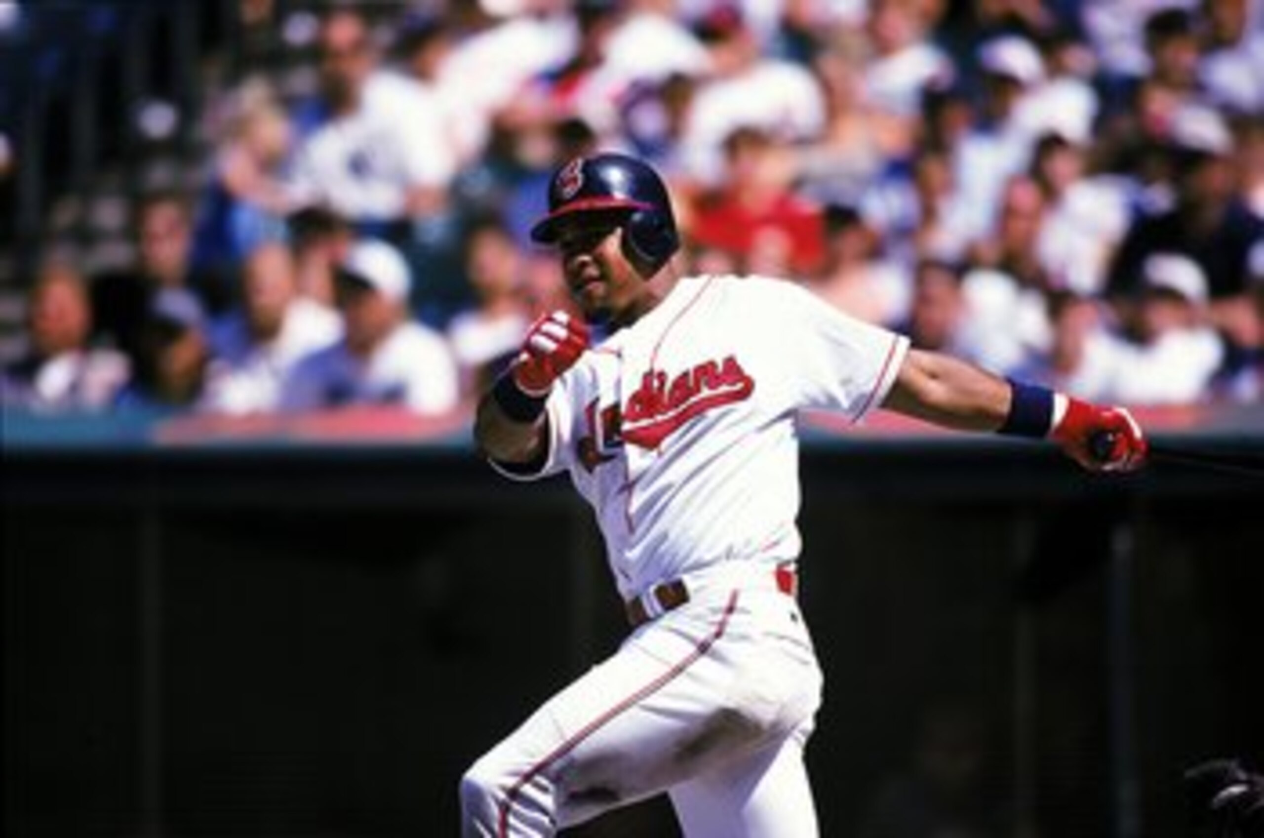 Manny Ramirez #24 of the Cleveland Indians swings at the ball during the game against the Chicago White Sox at the Jacobs Field in Cleveland, Ohio. The White Sox defeated the Indians 3-6.