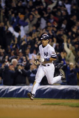 31 Oct 2001: Tino Martinez #24 of the New York Yankees circles the bases after hitting a home run against the Arizona Diamondbacks in the ninth inning during game four of the Major League Baseball World Series at Yankee Stadium in New York, New York.  The