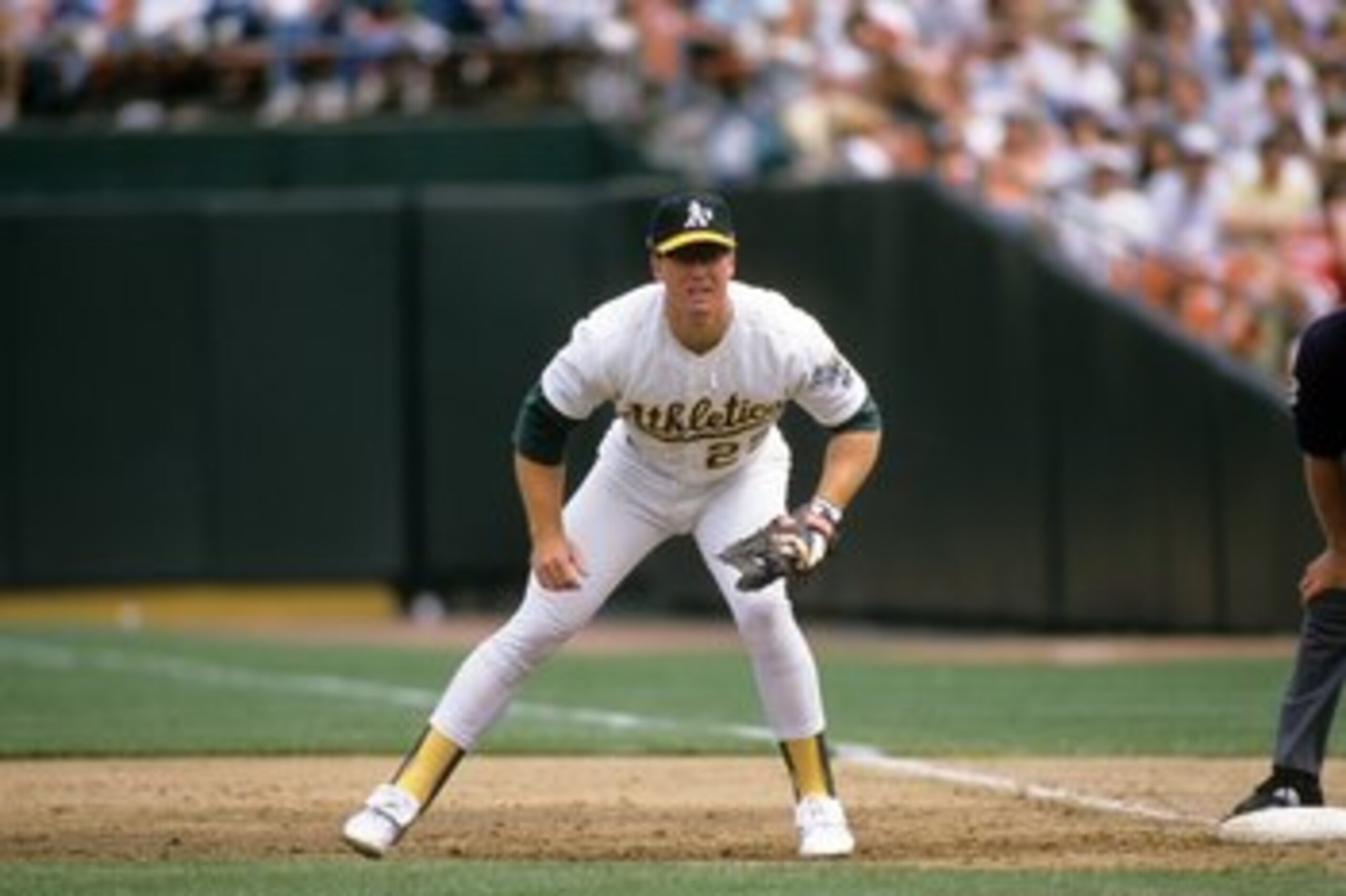 OAKLAND, CA - 1989:  Mark McGwire #25 of the Oakland Athletics plays first base during a game in the 1989 season at Oakland-Alameda County Coliseum in Oakland, California. (Photo by Otto Greule Jr/Getty Images)