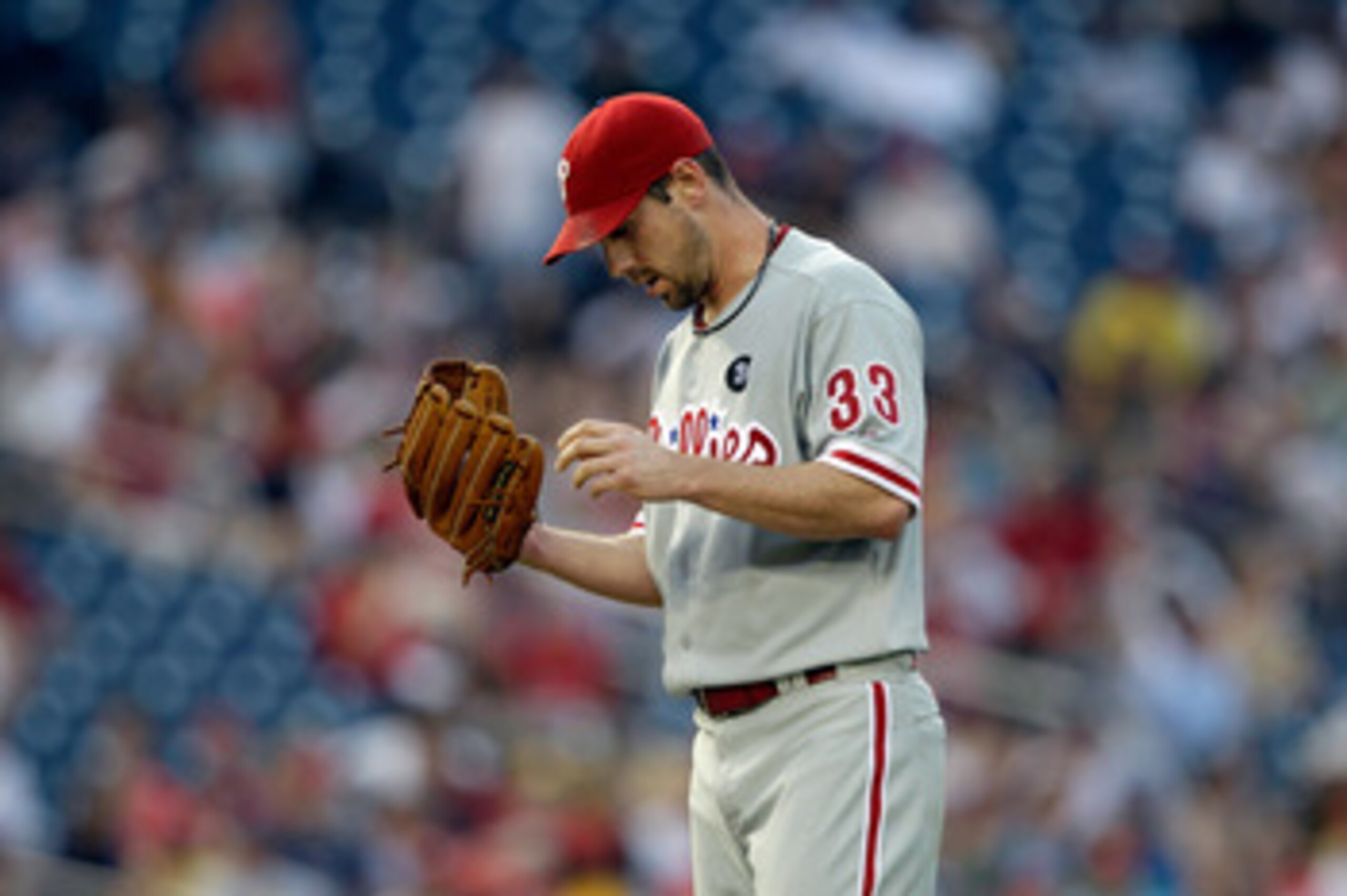 WASHINGTON, DC - MAY 31:  Starting pitcher Cliff Lee #33 of the Philadelphia Phillies after giving up three runs to the Washington Nationals at Nationals Park on May 31, 2011 in Washington, DC. The Braves won 2-0. (Photo by Rob Carr/Getty Images)
