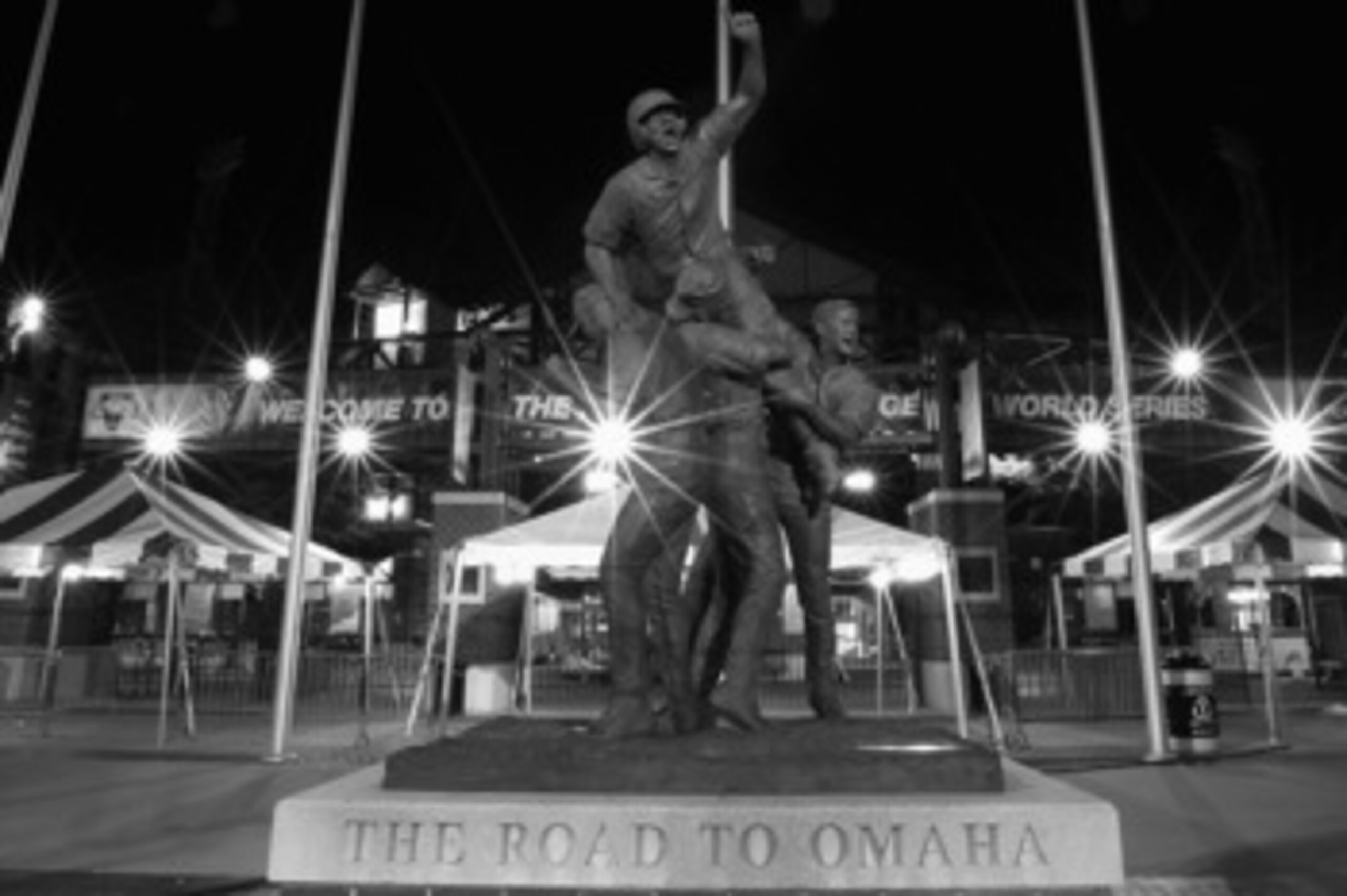 OMAHA, NE - JUNE 29:  (EDITOR'S NOTE: THIS DIGITAL IMAGE HAS BEEN CONVERTED TO BLACK AND WHITE) General view of the 'Road to Omaha' Statue in front of the Rosenblatt Stadium following game 2 of the men's 2010 NCAA College Baseball World Series between the