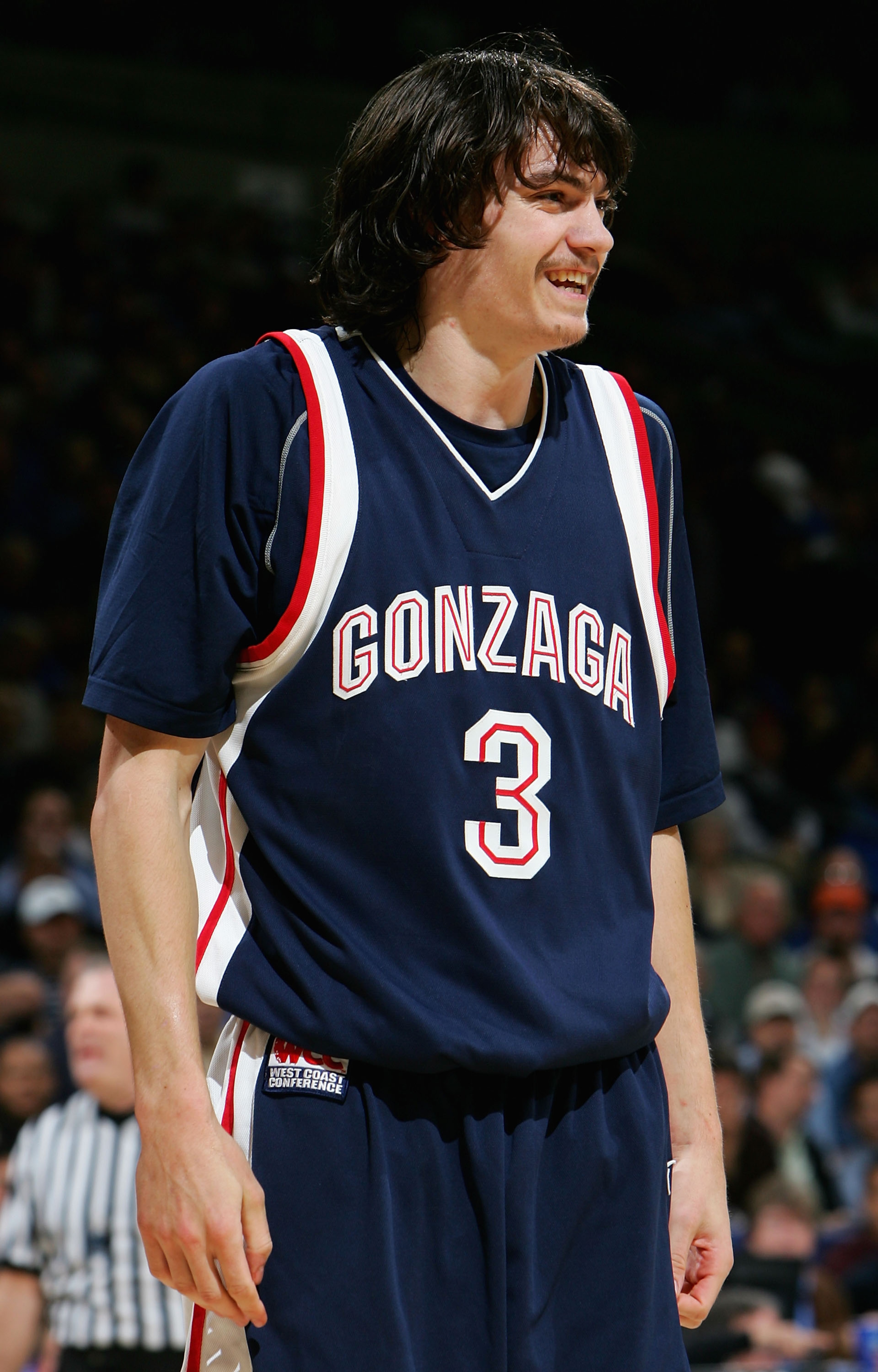 OAKLAND, CA - MARCH 23:  Adam Morrison #3 of the Gonzaga Bulldogs smiles during the third round game of the NCAA Division I Men's Basketball Tournament at the Arena in Oakland on March 23, 2006 in Oakland, California.  The Bruins defeated the Bulldogs 73-