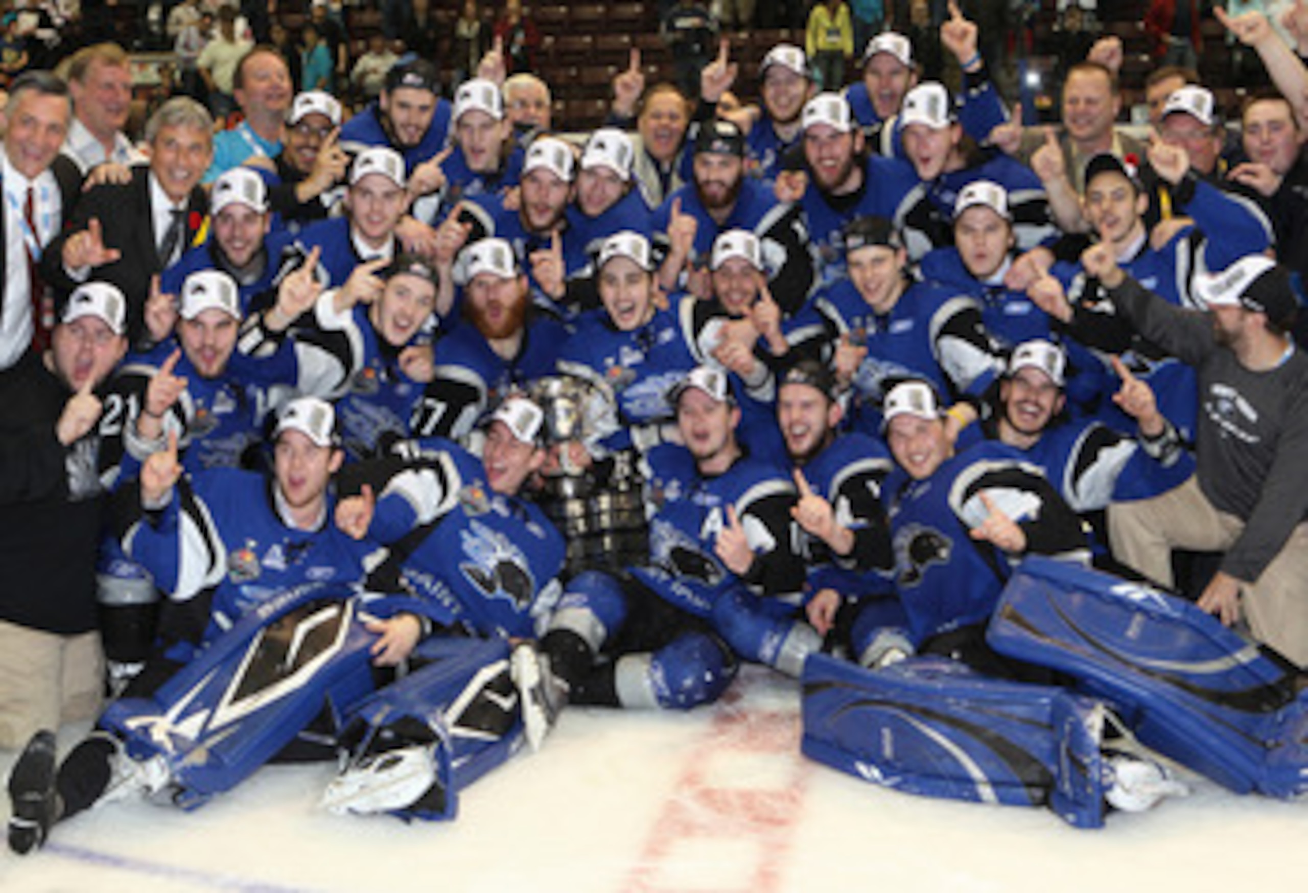 MISSISSAUGA, CANADA - MAY 29: The Saint John Sea Dogs celebrate their win against the Mississauga St. Michael's Majors in the 2011 CHL Mastercard Memorial Cup final on May 29, 2011 at the Hershey Centre in Mississauga, Canada. The Sea Dogs defeated the Ma