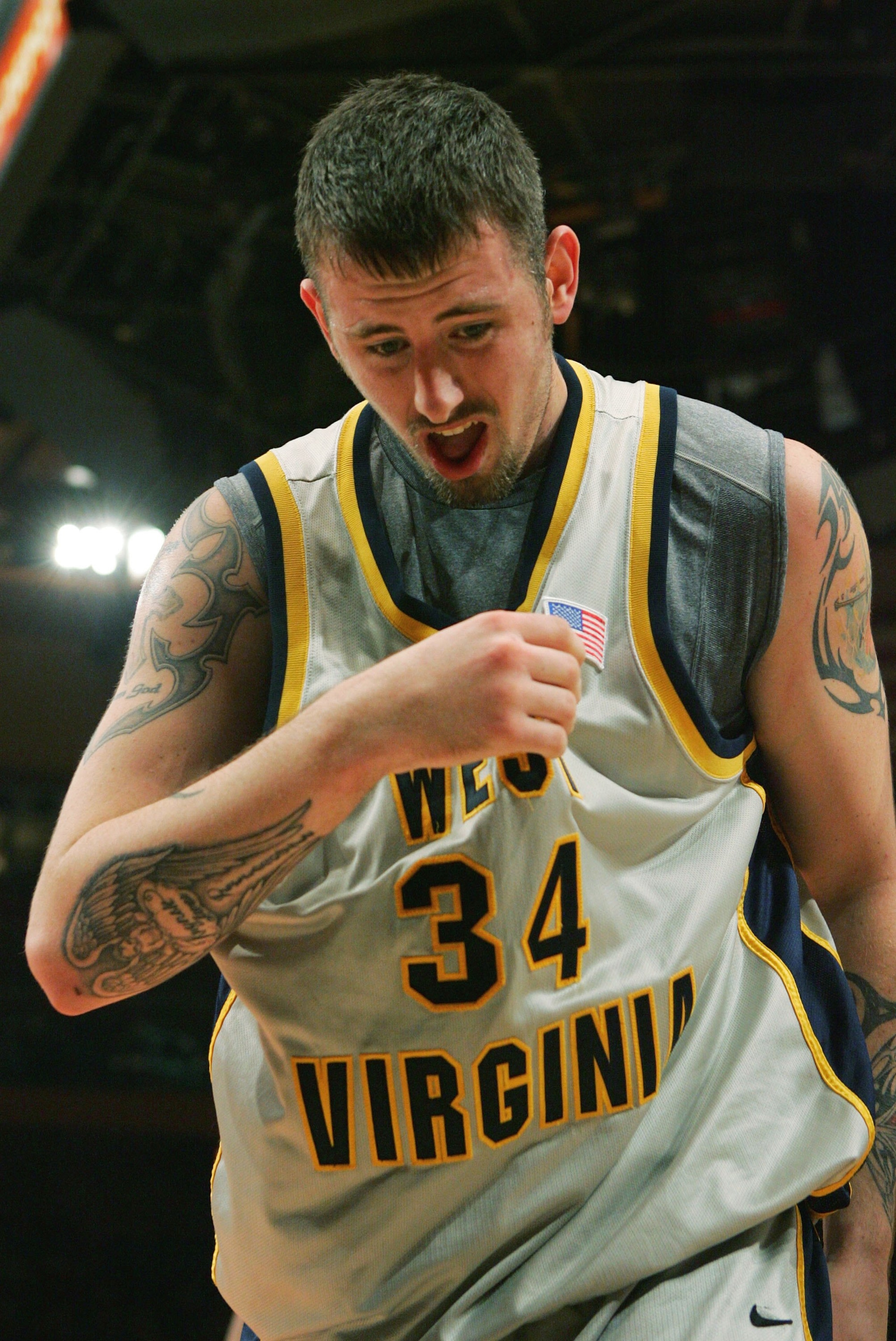 NEW YORK - MARCH 09:  Kevin Pittsnogle #34 of the West Virginia Mountaineers reacts to a play during the quarterfinals of the Big East Men's Basketball Championships against the Pittsburgh Panthers at Madison Square Garden March 9, 2006 in New York City.