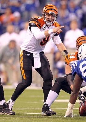 INDIANAPOLIS - NOVEMBER 14:  Carson Palmer #9 of the Cincinnati Bengals gives instructions to his team during the Bengals 23-17 loss to the Indianapolis Colts in the NFL game at Lucas Oil Stadium on November 14, 2010 in Indianapolis, Indiana. (Photo by An