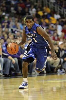 KANSAS CITY, MO - NOVEMBER 23:  Kyrie Irving #1 of the Duke Blue Devils in action during the CBE Classic game against the Kansas State Wildcats on November 23, 2010 at the Sprint Center in Kansas City, Missouri.  (Photo by Jamie Squire/Getty Images)