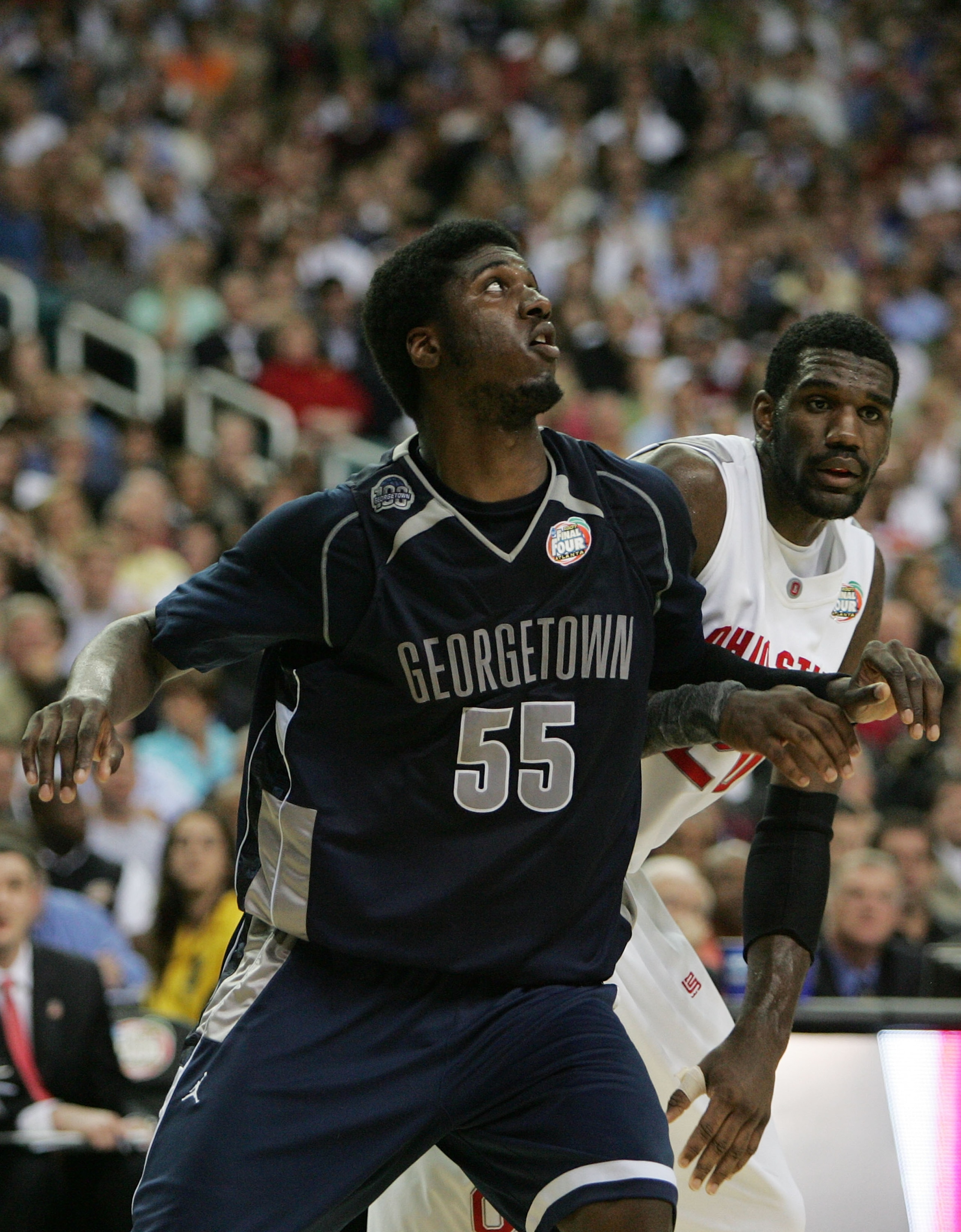 ATLANTA - MARCH 31:  Roy Hibbert #55 of the Georgetown Hoyas boxes out against Greg Oden #20 of the Ohio State Buckeyes during the National Semifinal game of the NCAA Men's Final Four at the Georgia Dome on March 31, 2007 in Atlanta, Georgia.  (Photo by A