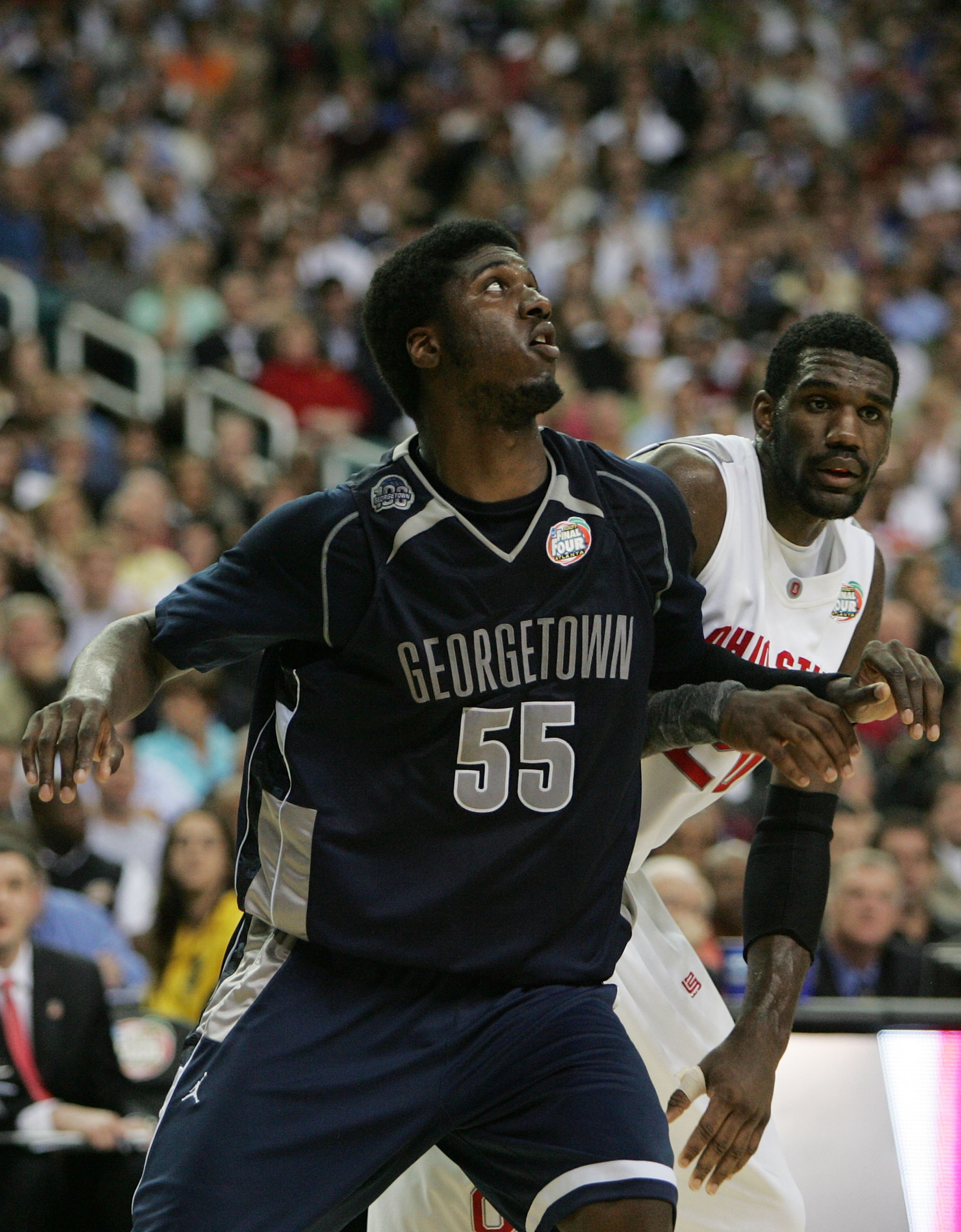 ATLANTA - MARCH 31:  Roy Hibbert #55 of the Georgetown Hoyas boxes out against Greg Oden #20 of the Ohio State Buckeyes during the National Semifinal game of the NCAA Men's Final Four at the Georgia Dome on March 31, 2007 in Atlanta, Georgia.  (Photo by A