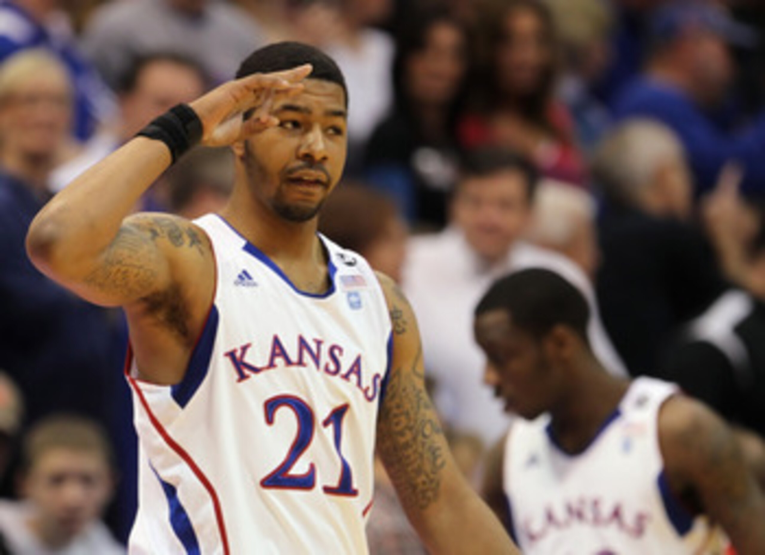 LAWRENCE, KS - FEBRUARY 12: Markieff Morris #21 of the Kansas Jayhawks slautes the crowd during the game against the Iowa State Cyclones on February 12, 2011 at Allen Fieldhouse in Lawrence, Kansas. (Photo by Jamie Squire/Getty Images) LAWRENCE, KS - FEBRUARY 12: Markieff Morris #21 of the Kansas Jayhawks slautes the crowd during the game against the Iowa State Cyclones on February 12, 2011 at Allen Fieldhouse in Lawrence, Kansas. (Photo by Jamie Squire/Getty Images)