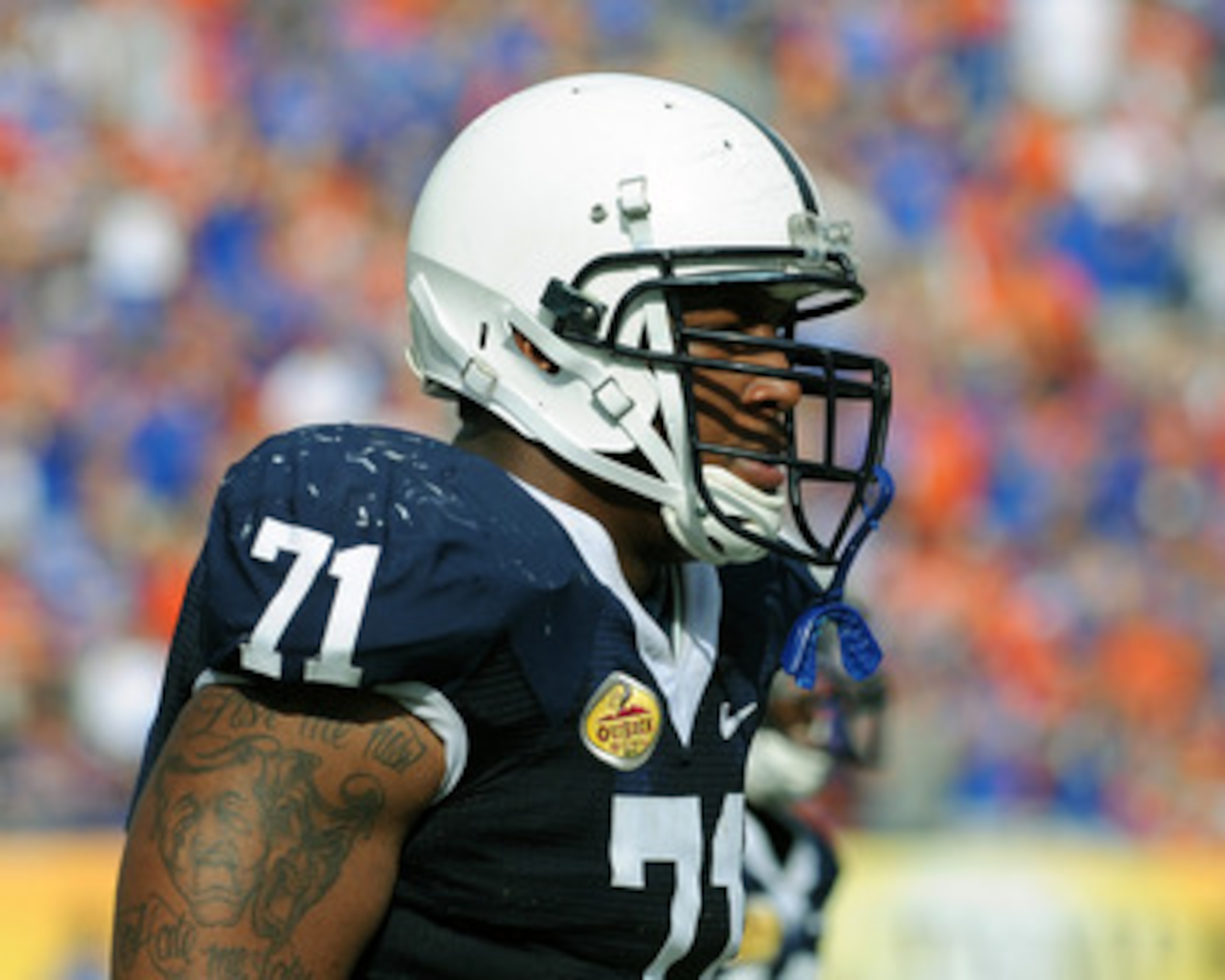 TAMPA, FL - JANUARY 1: Defensive tackle Devon Still $71 of the Penn State Nittany Lions sets for play against the Florida Gators January 1, 2010 in the 25th Outback Bowl at Raymond James Stadium in Tampa, Florida. (Photo by Al Messerschmidt/Getty Images TAMPA, FL - JANUARY 1: Defensive tackle Devon Still $71 of the Penn State Nittany Lions sets for play against the Florida Gators January 1, 2010 in the 25th Outback Bowl at Raymond James Stadium in Tampa, Florida. (Photo by Al Messerschmidt/Getty Images
