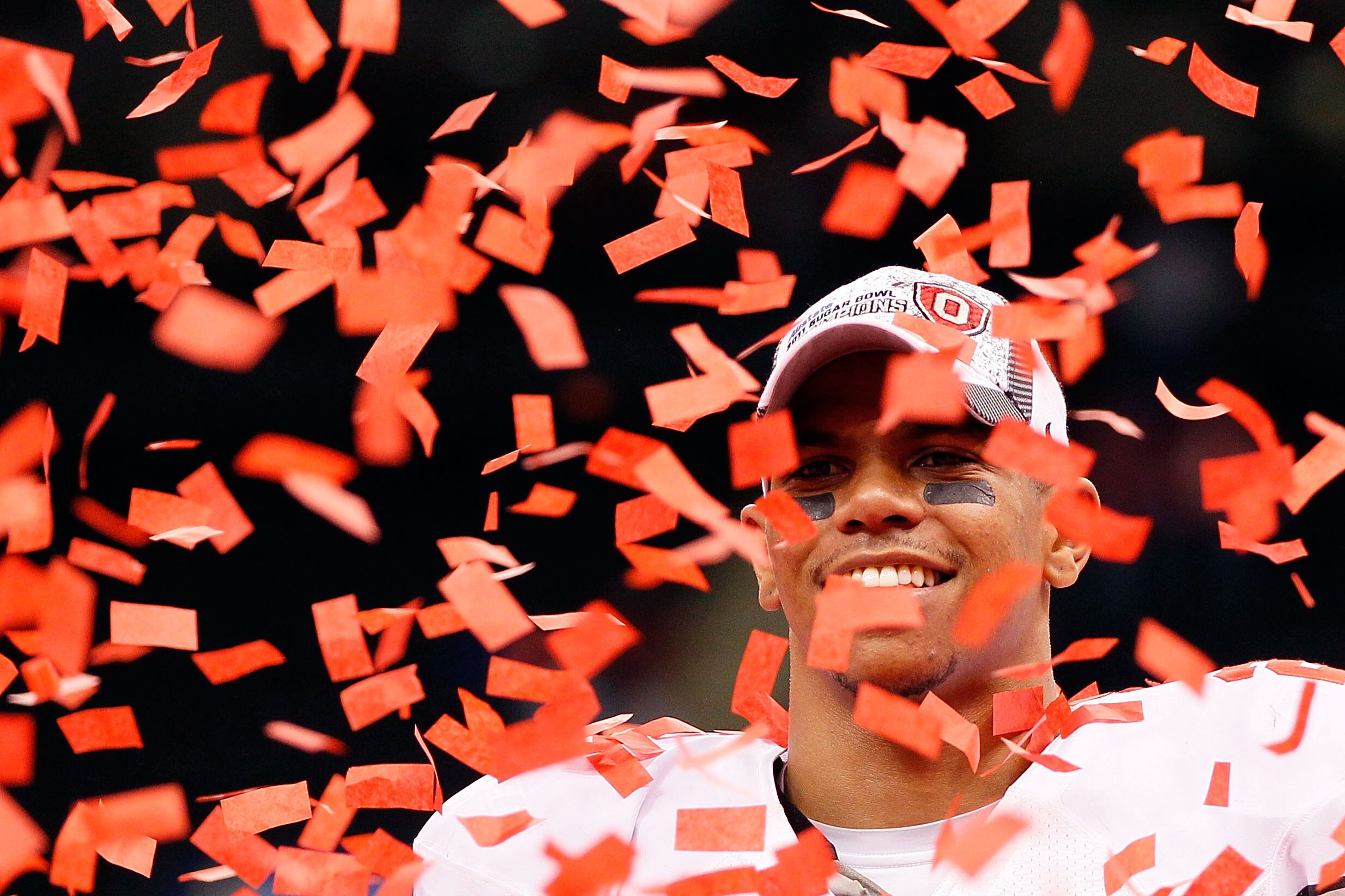 NEW ORLEANS, LA - JANUARY 04:  Terrelle Pryor #2 of the Ohio State Buckeyes celebrates the Buckeyes 31-26 victory against the Arkansas Razorbacks during the Allstate Sugar Bowl at the Louisiana Superdome on January 4, 2011 in New Orleans, Louisiana.  (Pho