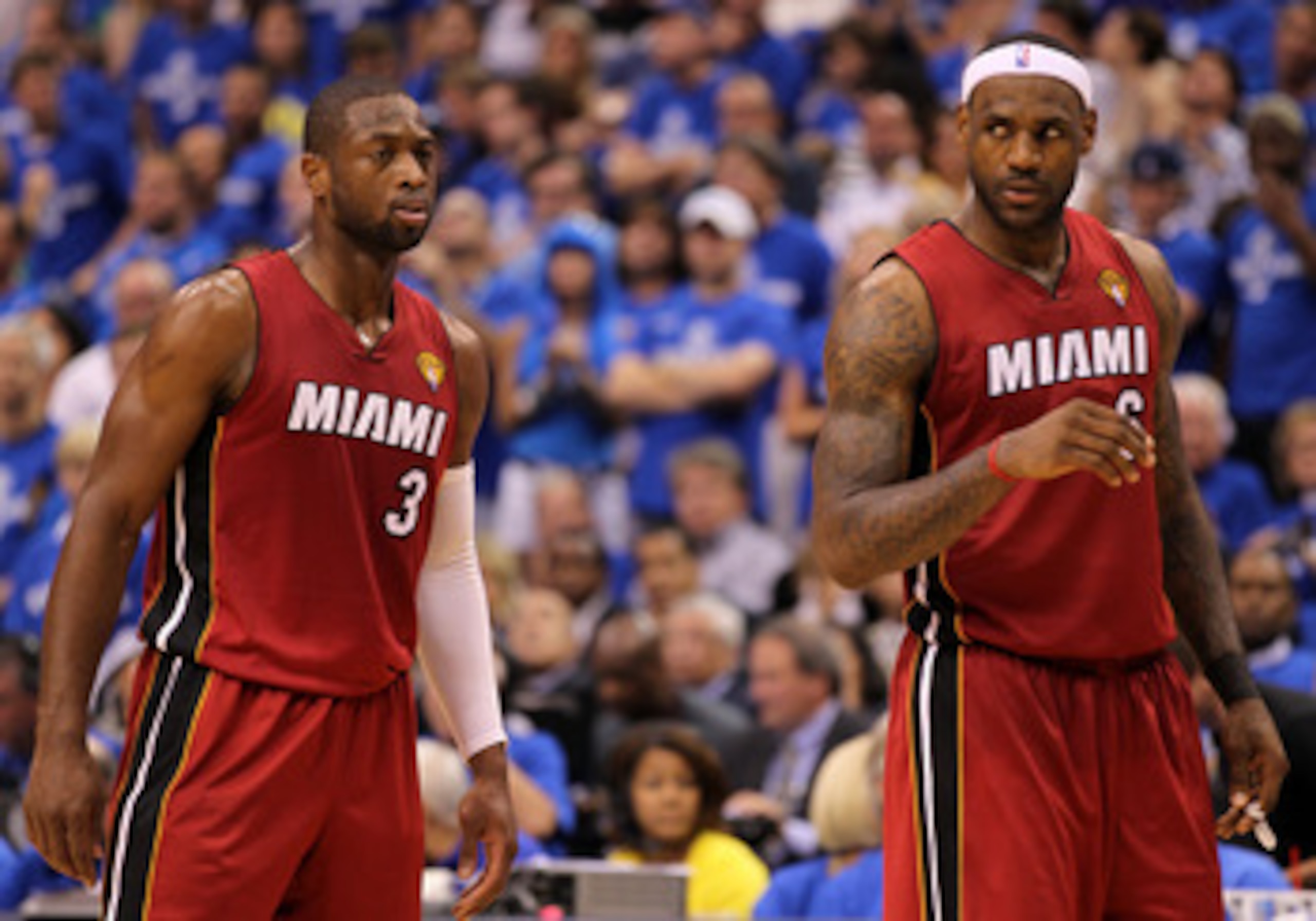 DALLAS, TX - JUNE 05: Dwyane Wade #3 and LeBron James #6 of the Miami Heat stand next to each other while taking on the Dallas Mavericks in Game Three of the 2011 NBA Finals at American Airlines Center on June 5, 2011 in Dallas, Texas. NOTE TO USER: Use DALLAS, TX - JUNE 05: Dwyane Wade #3 and LeBron James #6 of the Miami Heat stand next to each other while taking on the Dallas Mavericks in Game Three of the 2011 NBA Finals at American Airlines Center on June 5, 2011 in Dallas, Texas. NOTE TO USER: Use