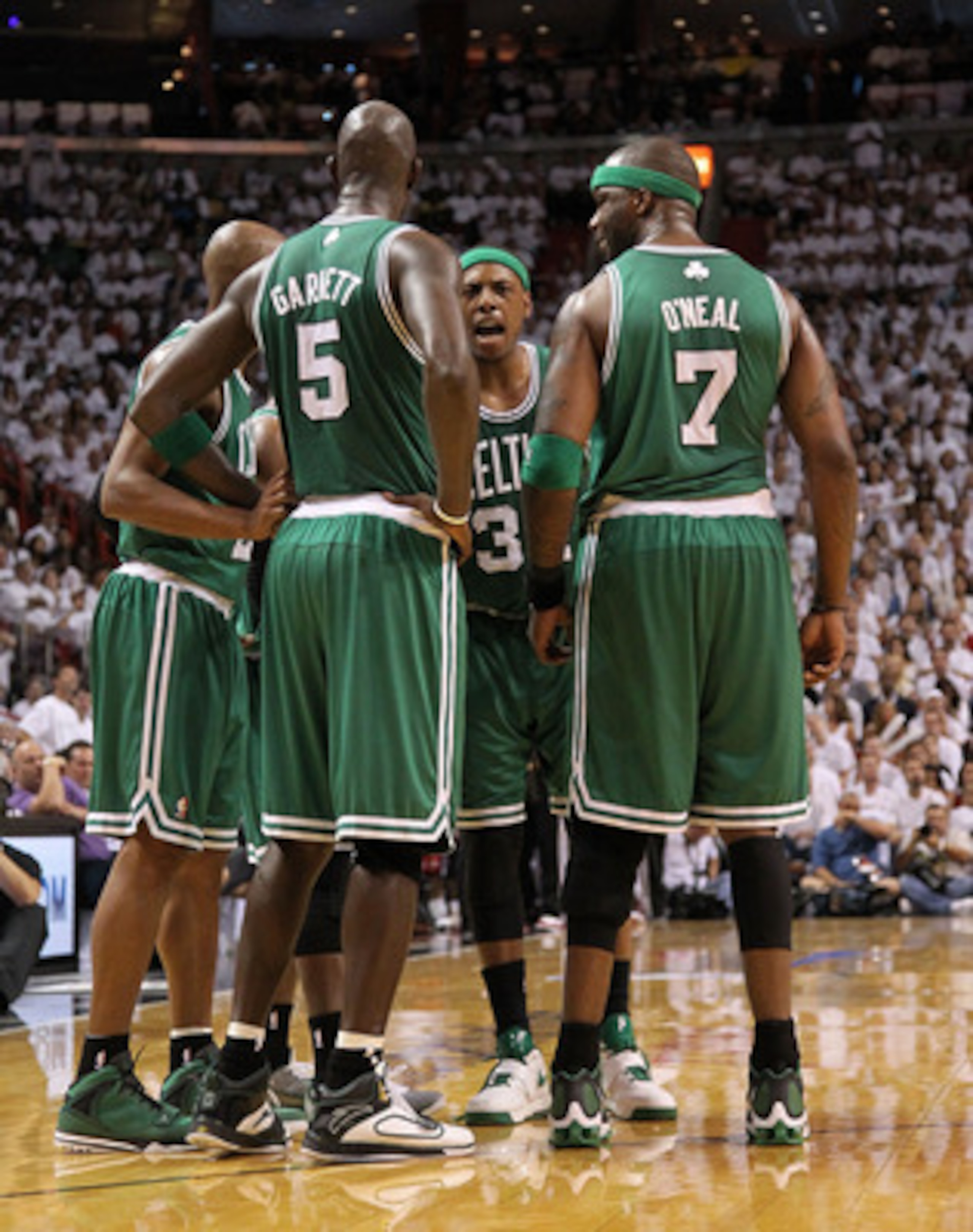 MIAMI, FL - MAY 01: Paul Pierce#34, Jermaine O'neal #7, Ray Allen #20, and Kevin Garnett #5 of the Boston Celtics talk during game one of the Eastern Conference Semifinals of the 2011 NBA Playoffs against the Miami Heat at American Airlines Arena on May MIAMI, FL - MAY 01: Paul Pierce#34, Jermaine O'neal #7, Ray Allen #20, and Kevin Garnett #5 of the Boston Celtics talk during game one of the Eastern Conference Semifinals of the 2011 NBA Playoffs against the Miami Heat at American Airlines Arena on May