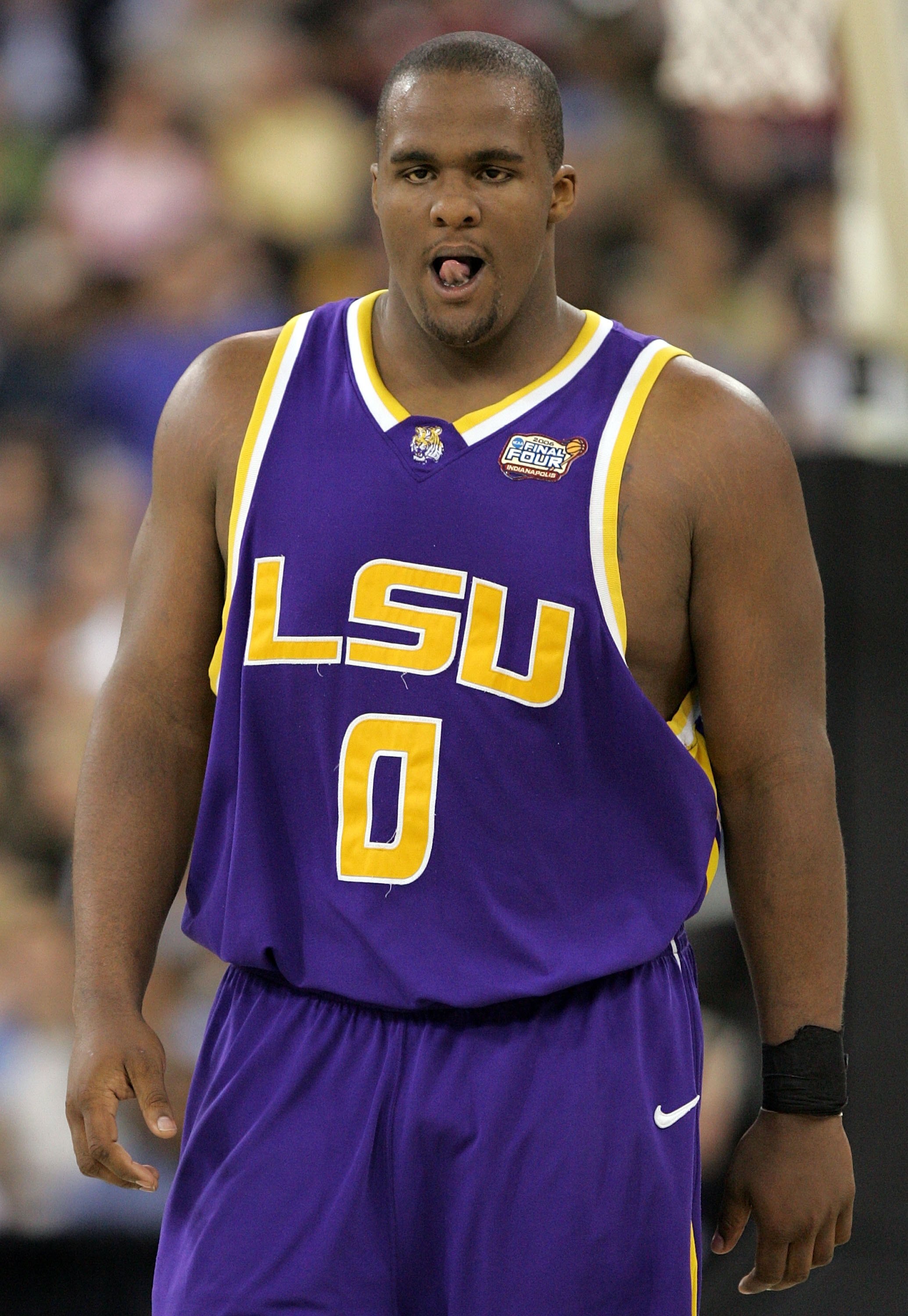 INDIANAPOLIS - APRIL 01:  Glen Davis #0 of the LSU Tigers sticks his tounge out in the second half against the UCLA Bruins during their semifinal game of the NCAA Men's Final Four on April 1, 2006 at the RCA Dome in Indianapolis, Indiana.  (Photo by Stree