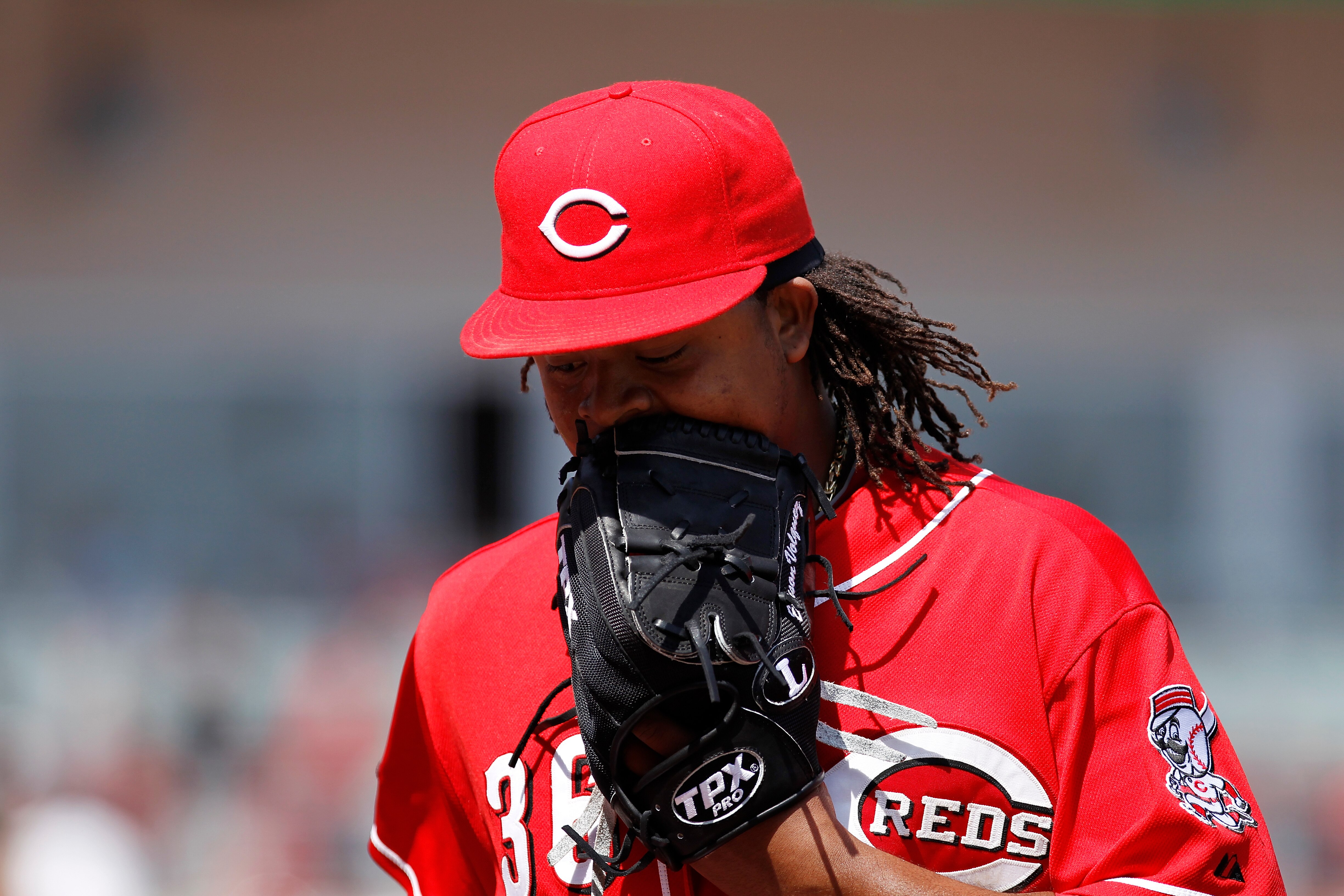 CINCINNATI, OH - APRIL 17: Edinson Volquez #36 of the Cincinnati Reds reacts after being taken out of the game in the sixth inning against the Pittsburgh Pirates at Great American Ball Park on April 17, 2011 in Cincinnati, Ohio. The Pirates won 7-6. (Phot