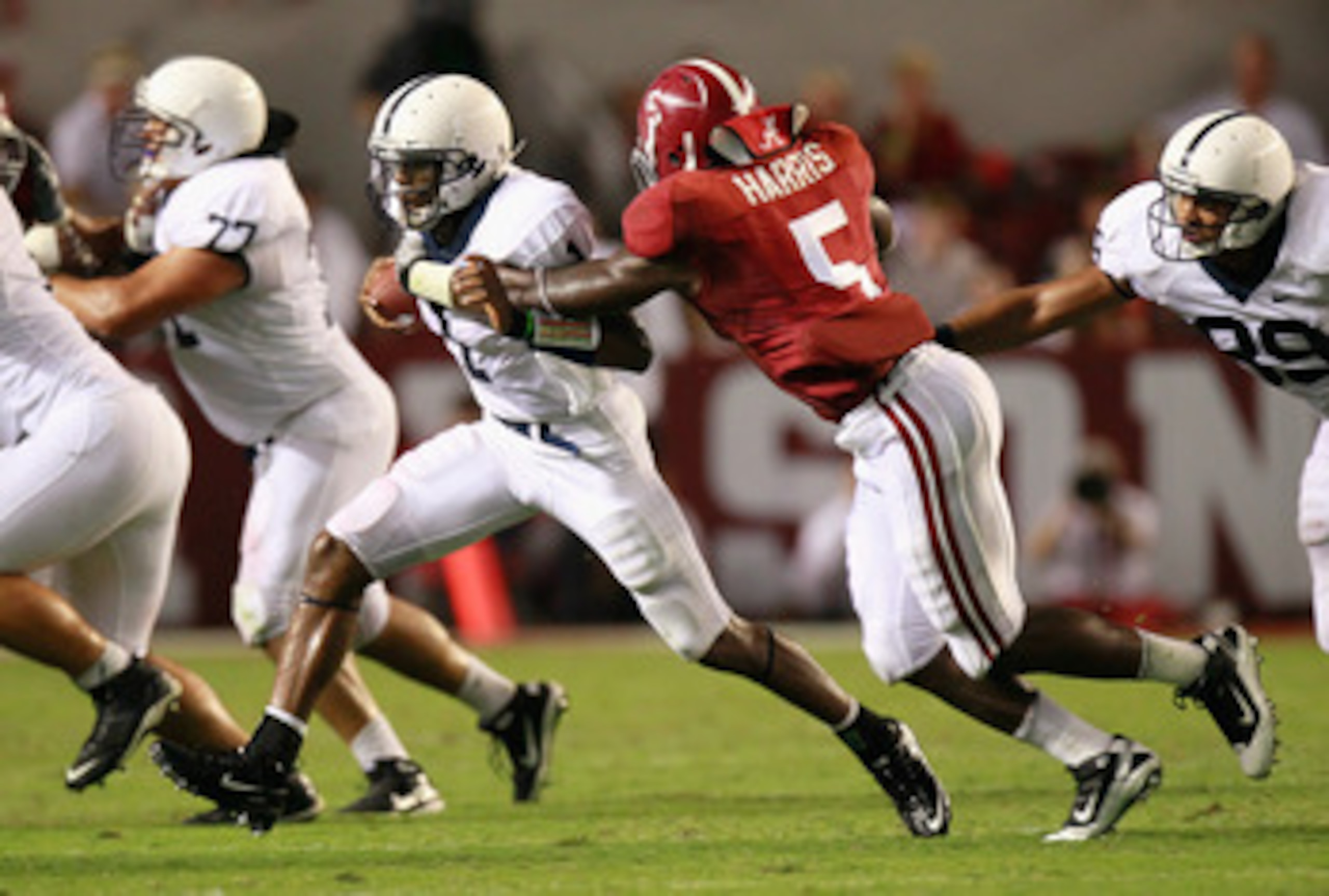 TUSCALOOSA, AL - SEPTEMBER 11: Quarterback Robert Bolden #1 of the Penn State Nittany Lions against Jerrell Harris #5 of the Alabama Crimson Tide at Bryant-Denny Stadium on September 11, 2010 in Tuscaloosa, Alabama. (Photo by Kevin C. Cox/Getty Images) TUSCALOOSA, AL - SEPTEMBER 11: Quarterback Robert Bolden #1 of the Penn State Nittany Lions against Jerrell Harris #5 of the Alabama Crimson Tide at Bryant-Denny Stadium on September 11, 2010 in Tuscaloosa, Alabama. (Photo by Kevin C. Cox/Getty Images)