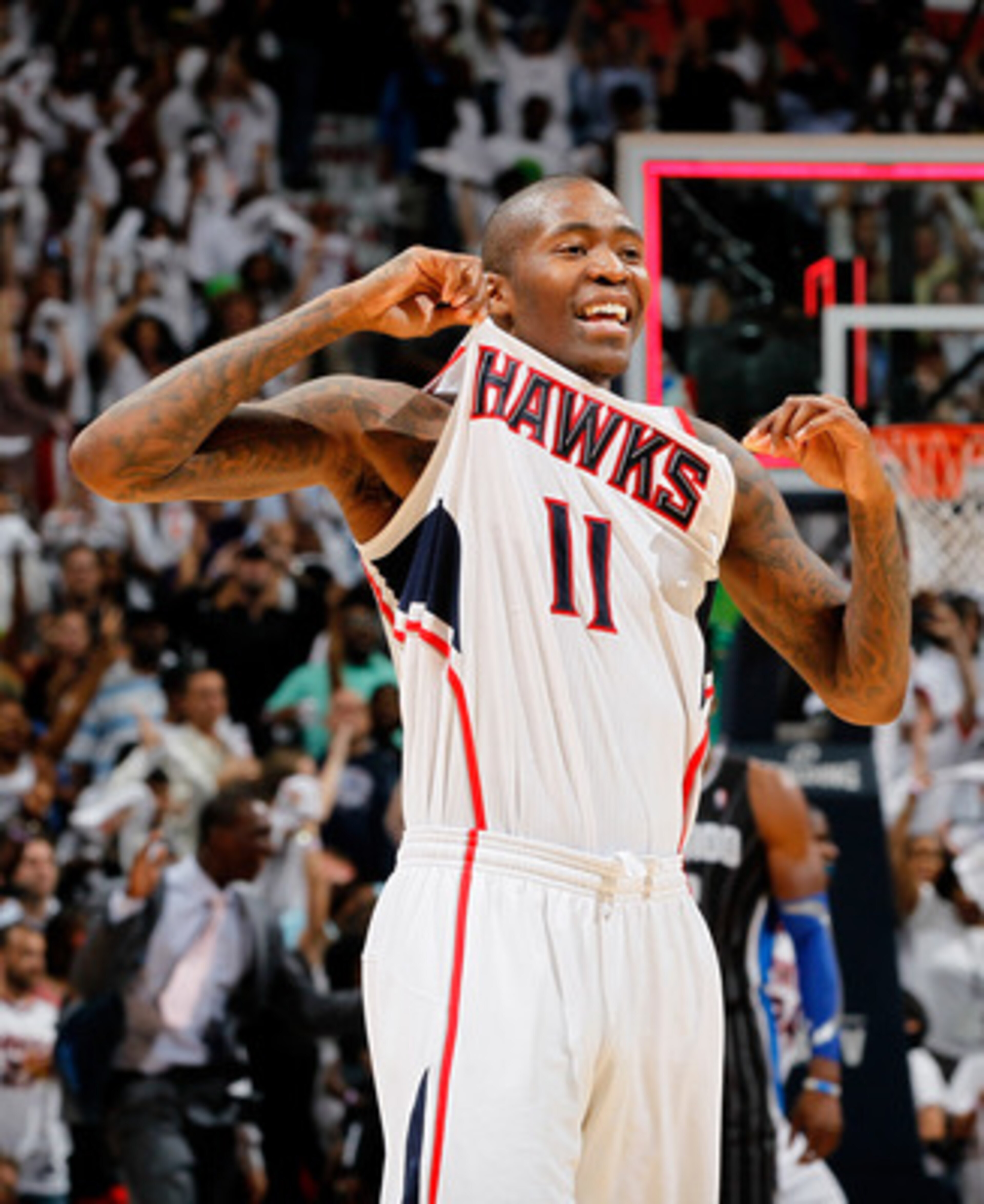 ATLANTA, GA - APRIL 28:  Jamal Crawford #11 of the Atlanta Hawks reacts after their 84-81 win over the Orlando Magic during Game Six of the Eastern Conference Quarterfinals in the 2011 NBA Playoffs at Philips Arena on April 28, 2011 in Atlanta, Georgia.  