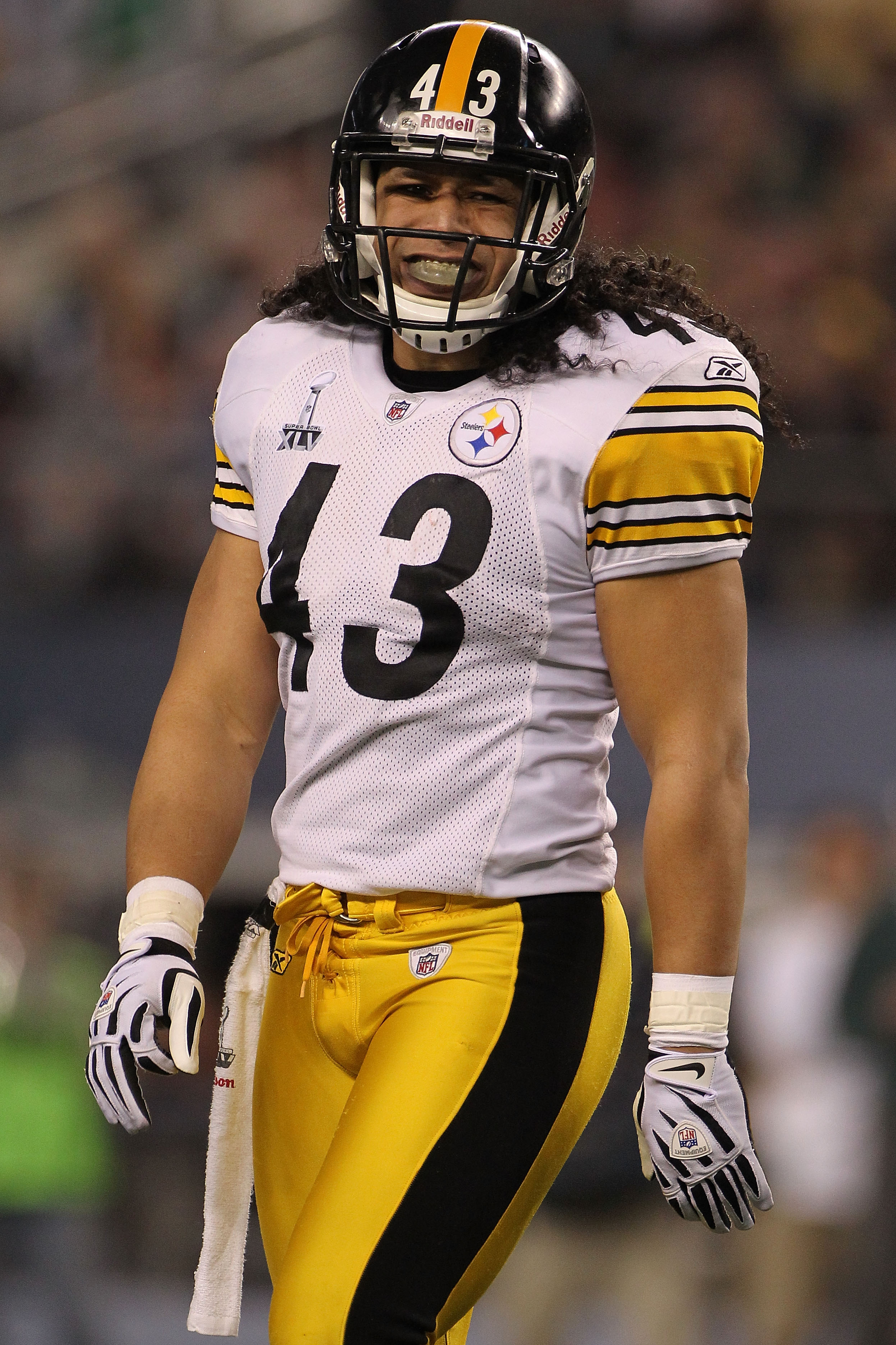 ARLINGTON, TX - FEBRUARY 06:  Troy Polamalu #43 of the Pittsburgh Steelers looks on against the Green Bay Packers during Super Bowl XLV at Cowboys Stadium on February 6, 2011 in Arlington, Texas.  (Photo by Doug Pensinger/Getty Images)
