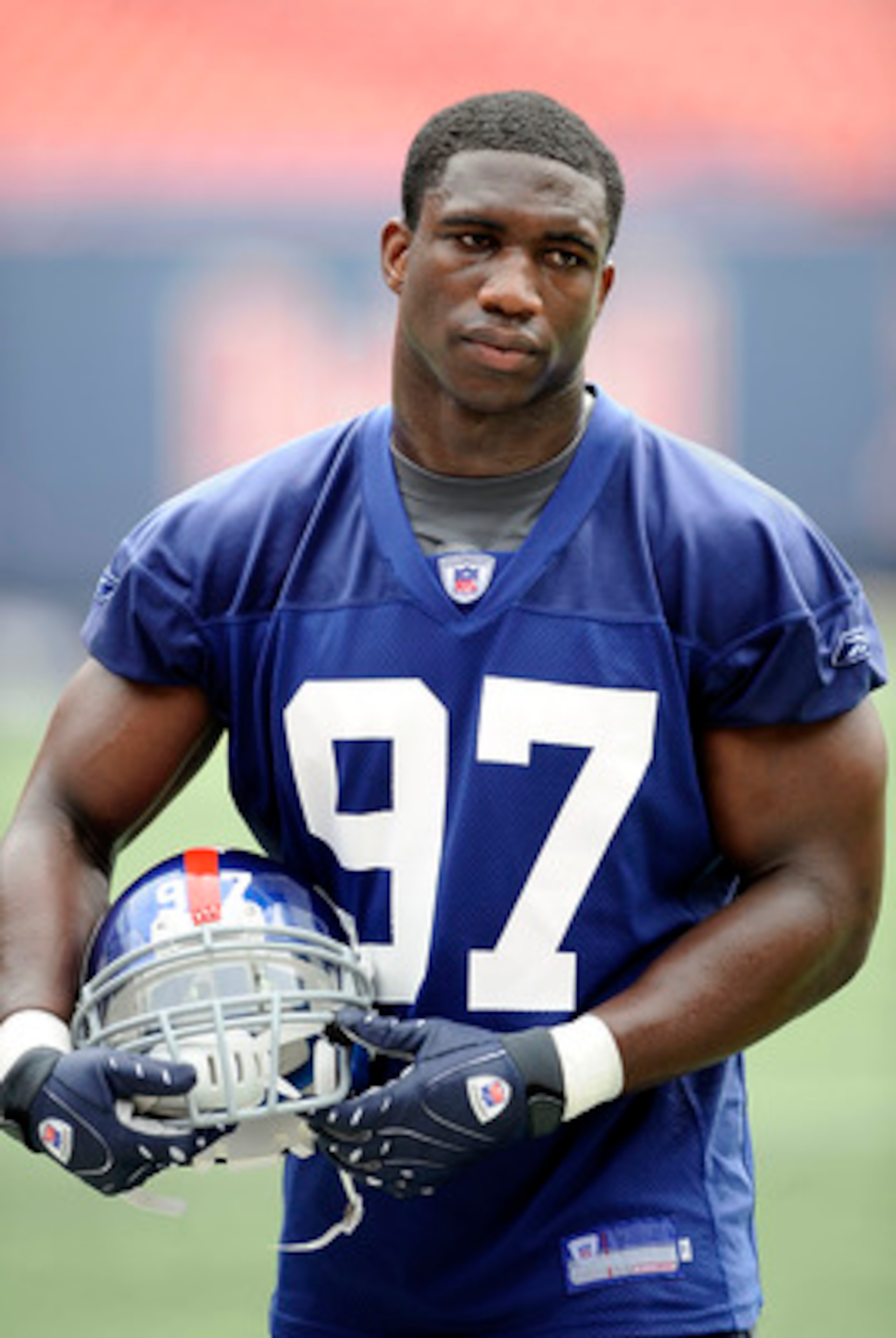 EAST RUTHERFORD, NJ - MAY 09:  Clint Sintim #97 of the New York Giants works out at rookie camp on May 9, 2009 in East Rutherford, New Jersey.  (Photo by Jeff Zelevansky/Getty Images)