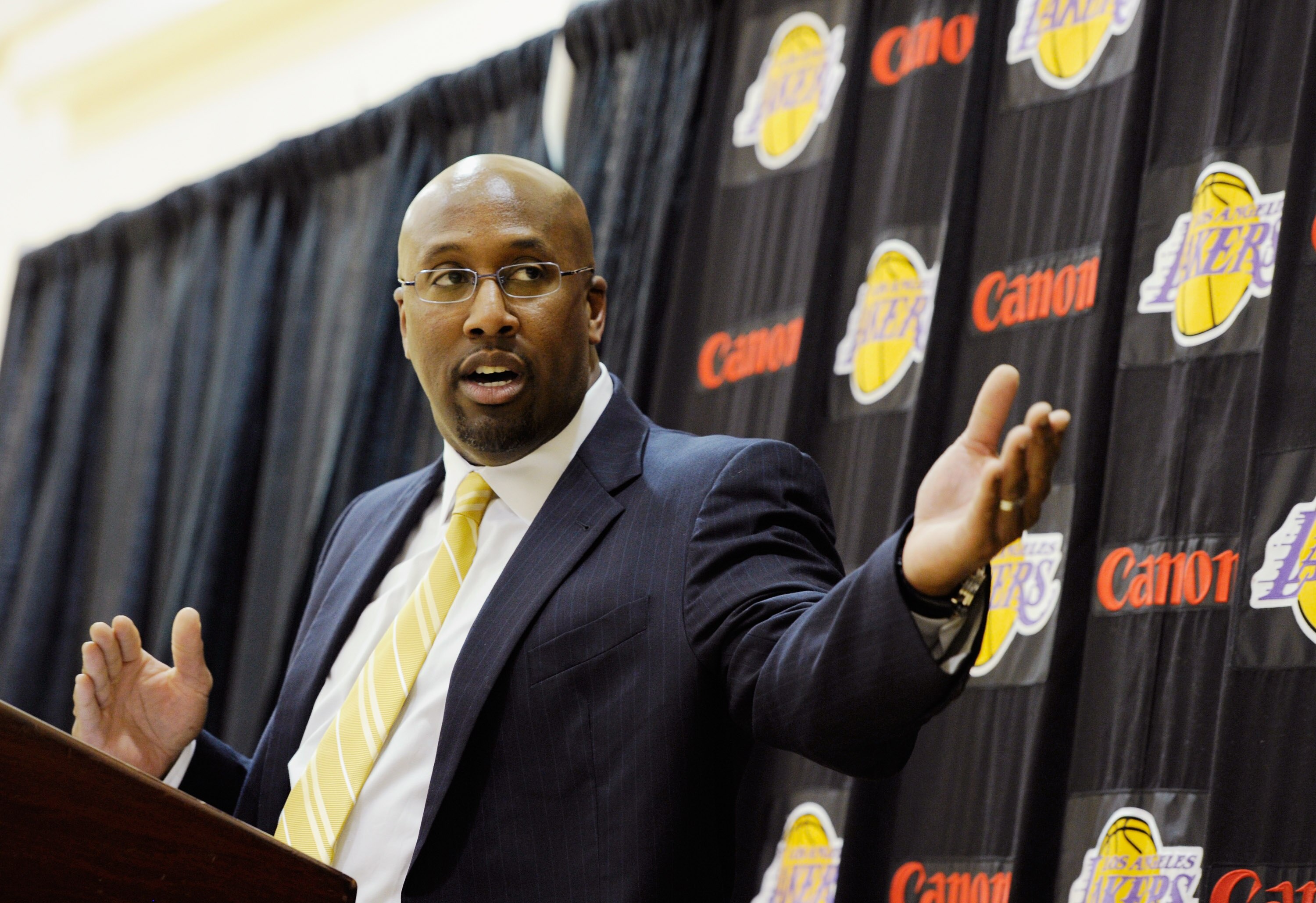 EL SEGUNDO, CA - MAY 31:  Mike Brown, the new head coach for the Los Angeles Lakers, speaks during his introductory news conference at the team's training facility on May 31, 2011 in El Segundo, California. Brown replaced Lakers coach Phil Jackson, who re