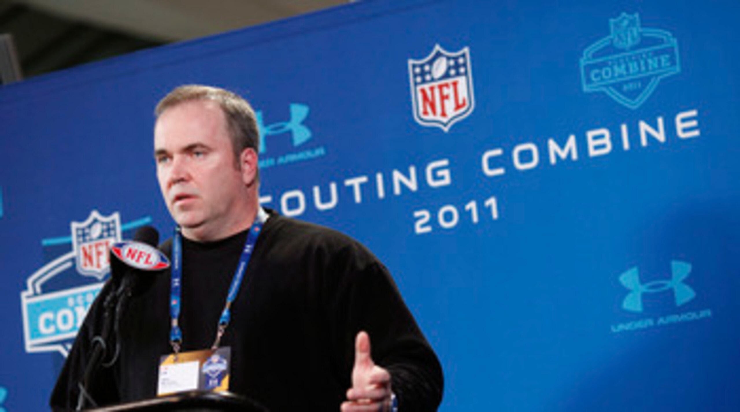 INDIANAPOLIS, IN - FEBRUARY 25: Green Bay Packers head coach Mike McCarthy answers questions during a media session at the 2011 NFL Scouting Combine at Lucas Oil Stadium on February 25, 2011 in Indianapolis, Indiana. (Photo by Joe Robbins/Getty Images)