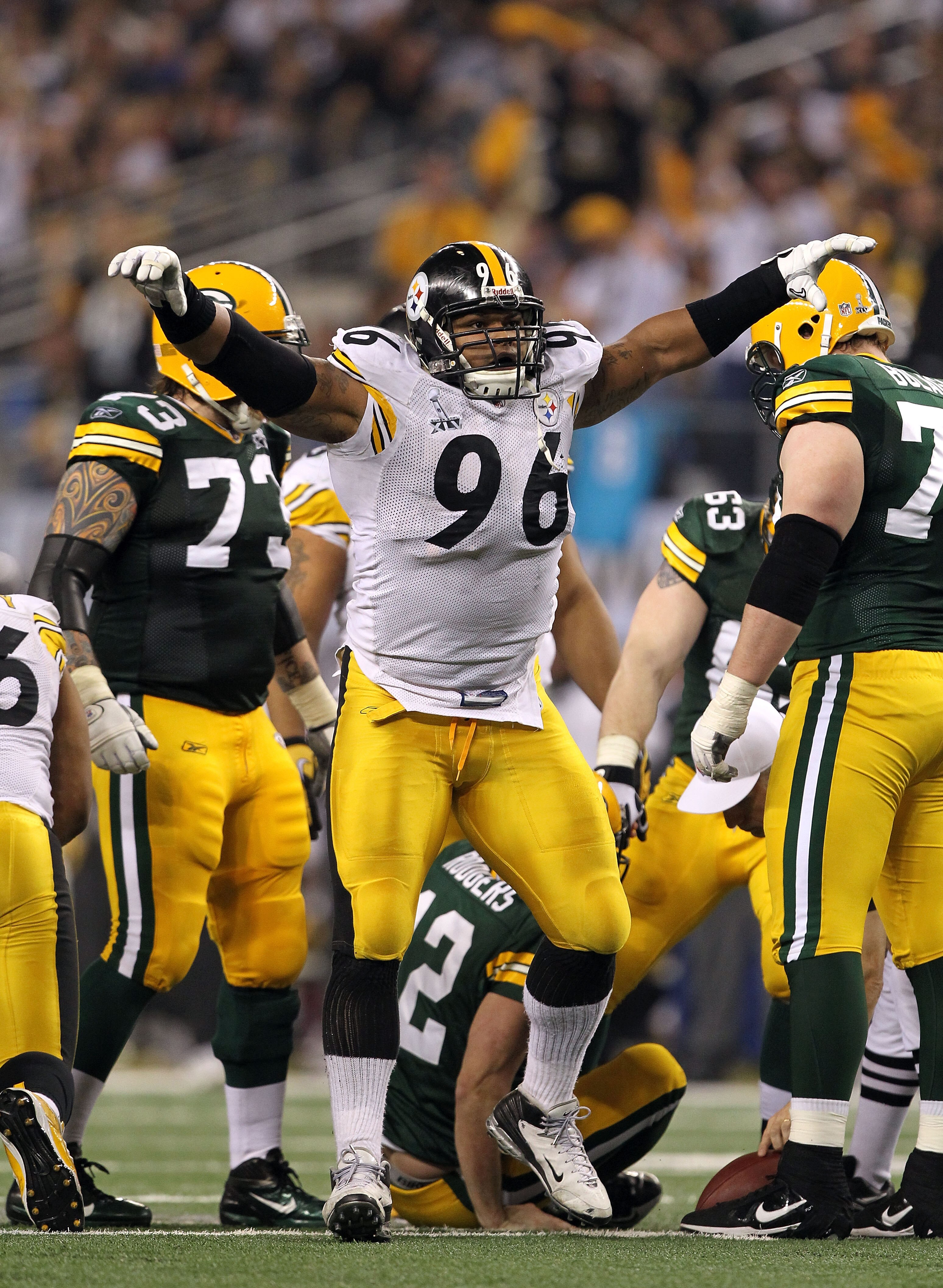 ARLINGTON, TX - FEBRUARY 06:  Ziggy Hood #96 of the Pittsburgh Steelers reacts against the Green Bay Packers during Super Bowl XLV at Cowboys Stadium on February 6, 2011 in Arlington, Texas. The Packers won 31-25.  (Photo by Al Bello/Getty Images)