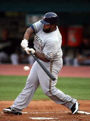 MIAMI GARDENS, FL - JUNE 06:  Prince Fielder #28 of the Milwaukee Brewers hits a three run home run against the Florida Marlins at Sun Life Stadium on June 6, 2011 in Miami Gardens, Florida.  (Photo by Marc Serota/Getty Images)
