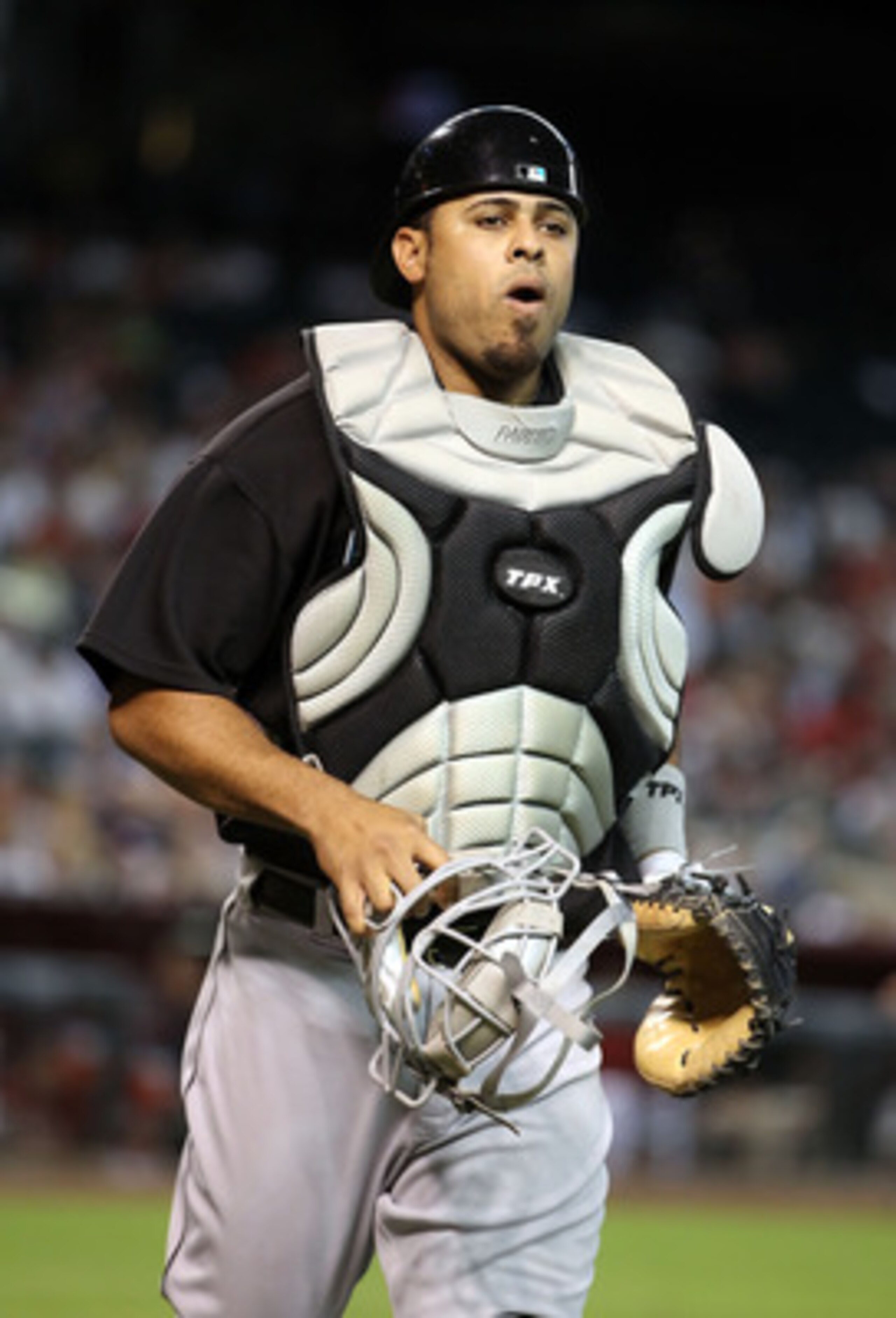 PHOENIX - JULY 11:  Catcher Ronny Paulino #29 of the Florida Marlins in action during the Major League Baseball game against the Arizona Diamondbacks at Chase Field on July 11, 2010 in Phoenix, Arizona.  The Marlins defeated the Diamondbacks 2-0.  (Photo 