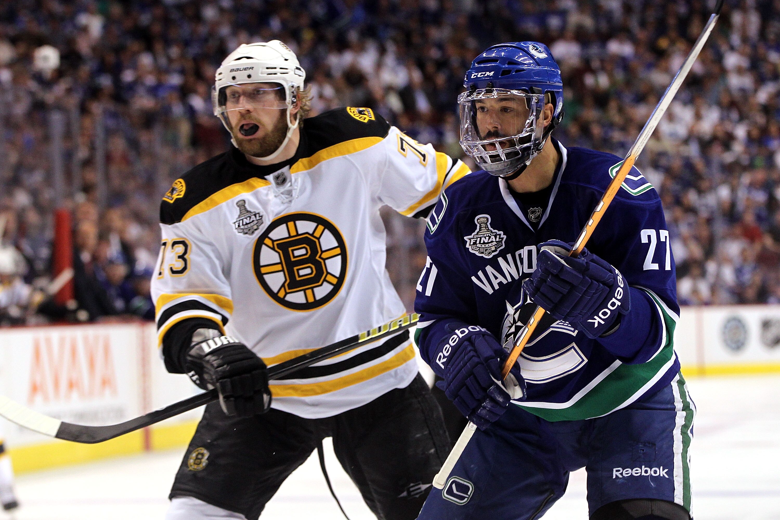 VANCOUVER, BC - JUNE 04:  Michael Ryder #73 of the Boston Bruins in action against Manny Malhotra #27 of the Vancouver Canucks during Game Two of the 2011 NHL Stanley Cup Final at Rogers Arena on June 4, 2011 in Vancouver, British Columbia, Canada.  (Phot