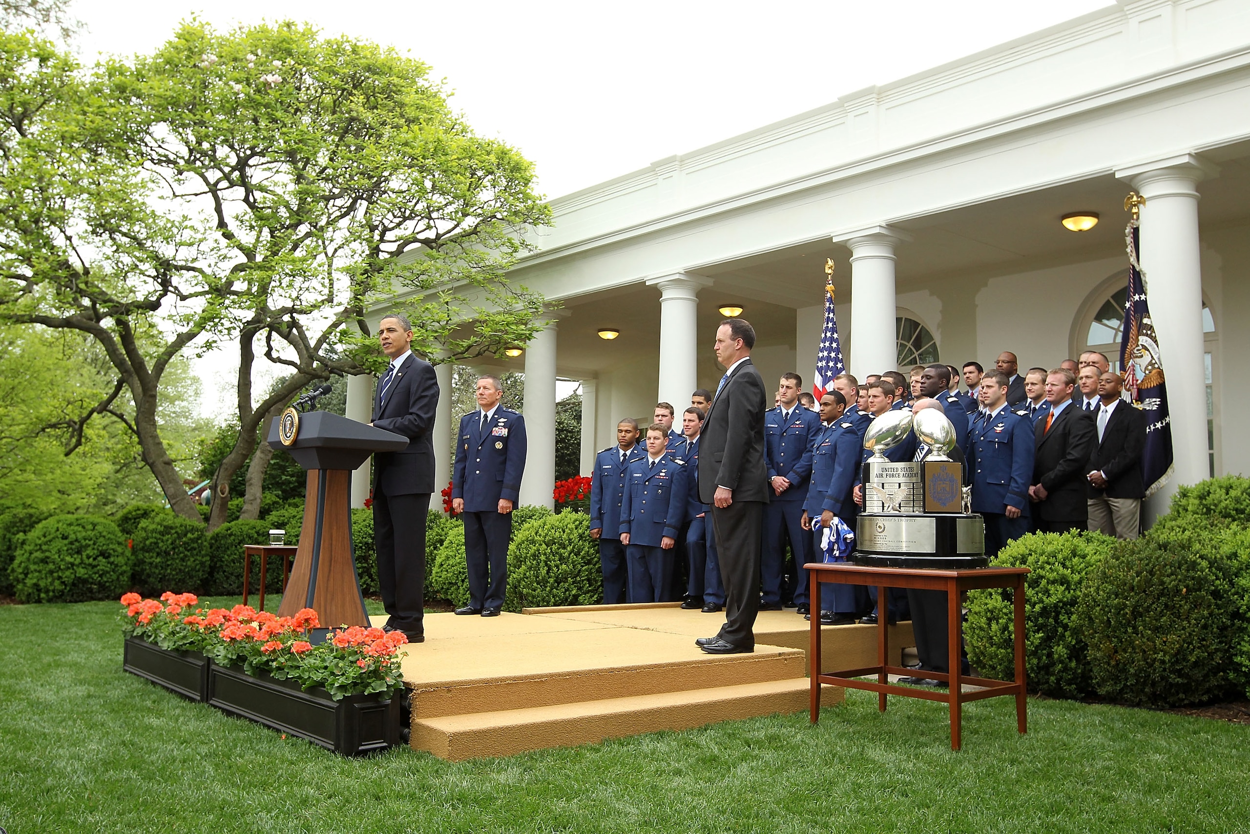 WASHINGTON - APRIL 18:  U.S. President Barack Obama speaks during a Rose Garden event April 18, 2011 at the White House in Washington, DC. President Obama hosted the Air Force Academy football team to honor their winning of the Commander-in-Chief Trophy i