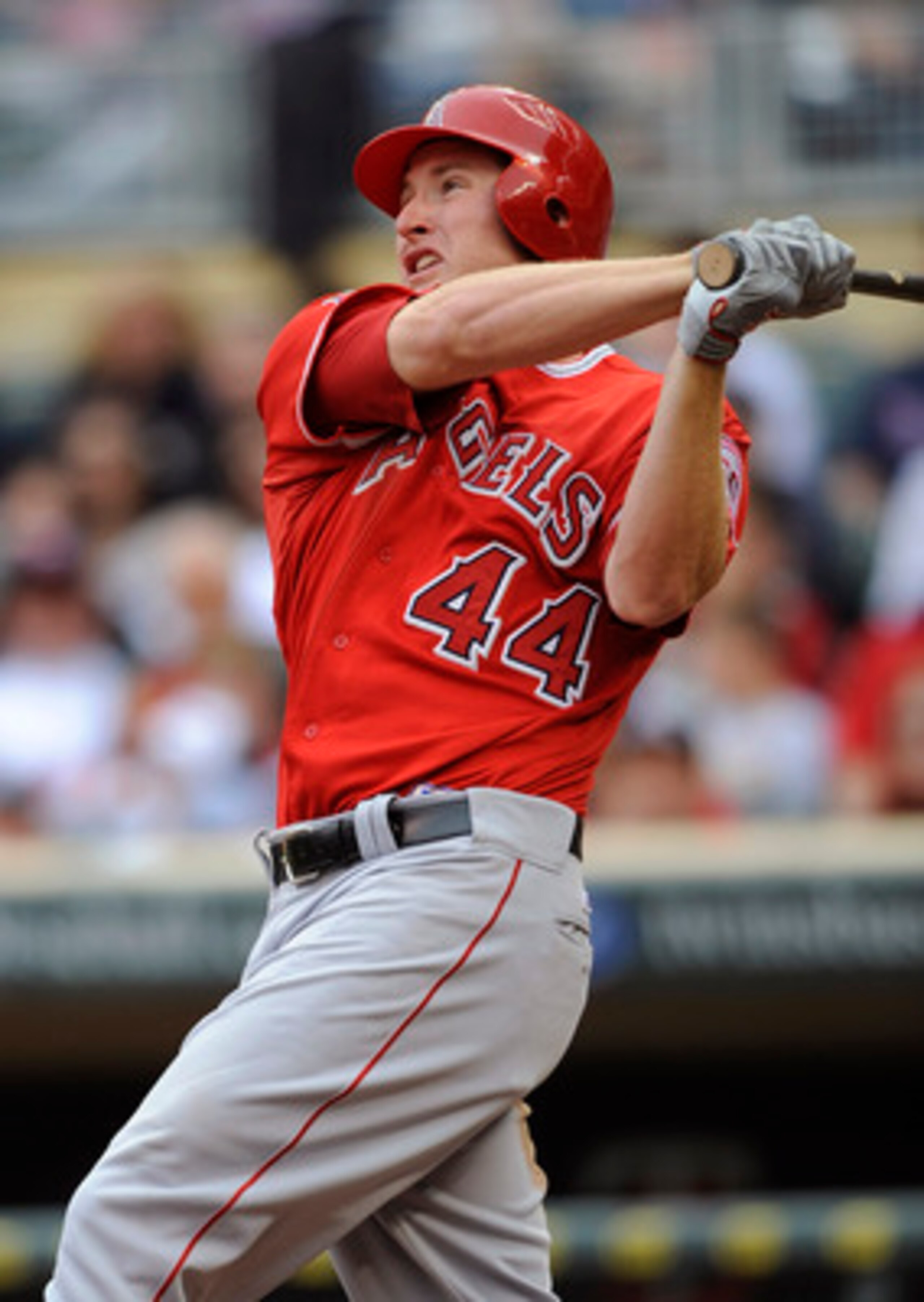 MINNEAPOLIS, MN - MAY 29: Mark Trumbo #44 of the Los Angeles Angels of Anaheim hits a solo home run against the Minnesota Twins during the ninth inning of their game on May 29, 2011 at Target Field in Minneapolis, Minnesota. Angels defeated the Twins 6-5.