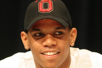 JEANNETTE, PA - MARCH 19:  Terrelle Pryor of Jeannette High School, regarded as the nations top prep quarterback, announces his choice of college as Ohio State University on March 19, 2008 at a news conference held at the Jeannette High School auditorium