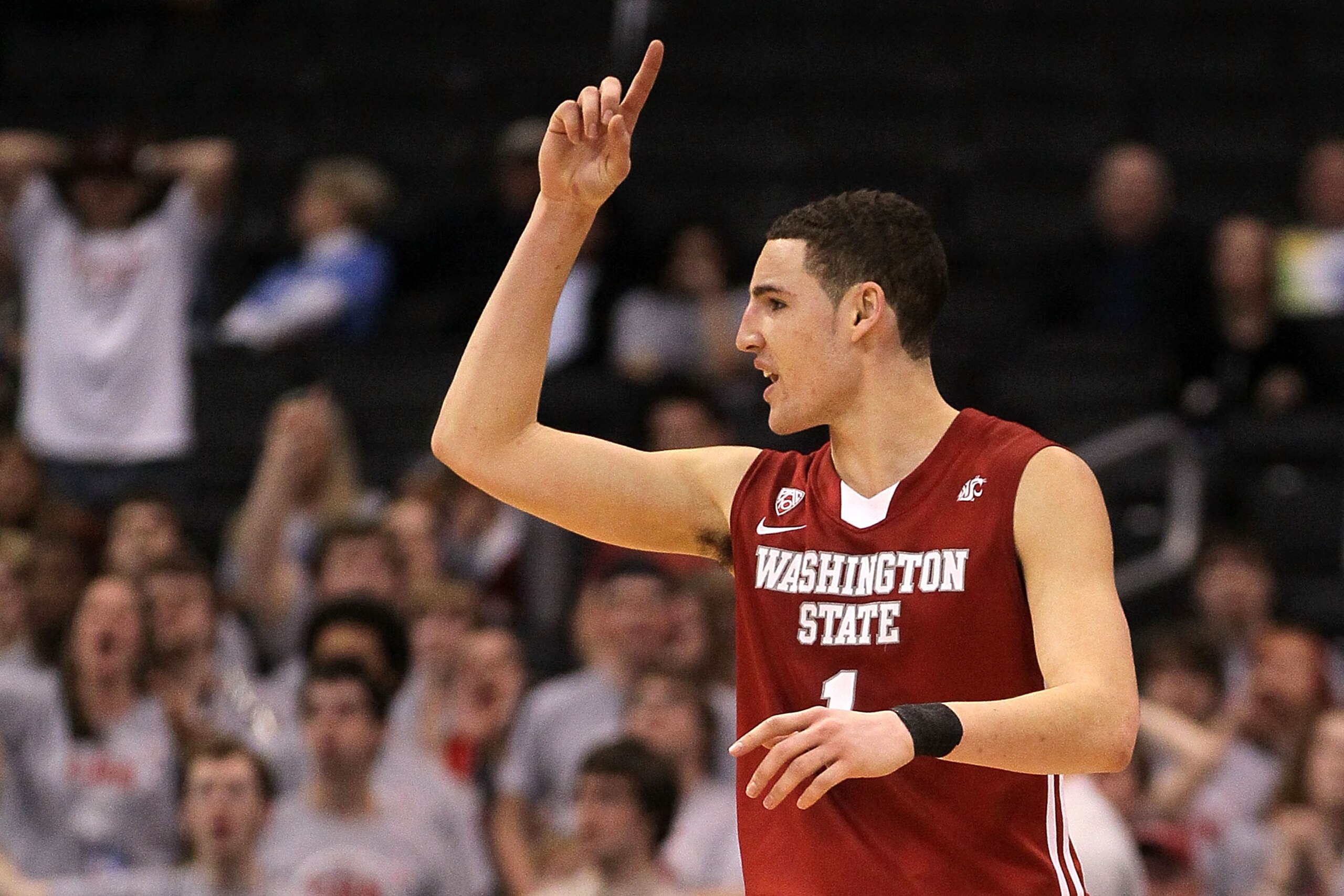 LOS ANGELES, CA - MARCH 10: Klay Thompson #1 of the Washington State Cougars reacts after making a shot in the second half while taking on the Washington Huskies in the quarterfinals of the 2011 Pacific Life Pac-10 Men's Basketball Tournament at Staples LOS ANGELES, CA - MARCH 10: Klay Thompson #1 of the Washington State Cougars reacts after making a shot in the second half while taking on the Washington Huskies in the quarterfinals of the 2011 Pacific Life Pac-10 Men's Basketball Tournament at Staples