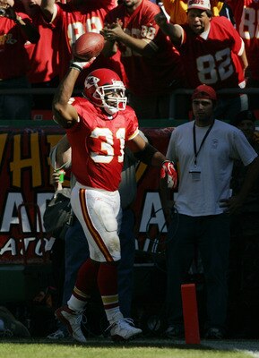 KANSAS CITY, MO - OCTOBER 24:  Running back Priest Holmes #31 of the Kansas City Chiefs celebrates his first touchdown against the Atlanta Falcons in the first quarter October 24, 2004 at Arrowhead Stadium in Kansas City, Missouri.  Holmes had four of an 