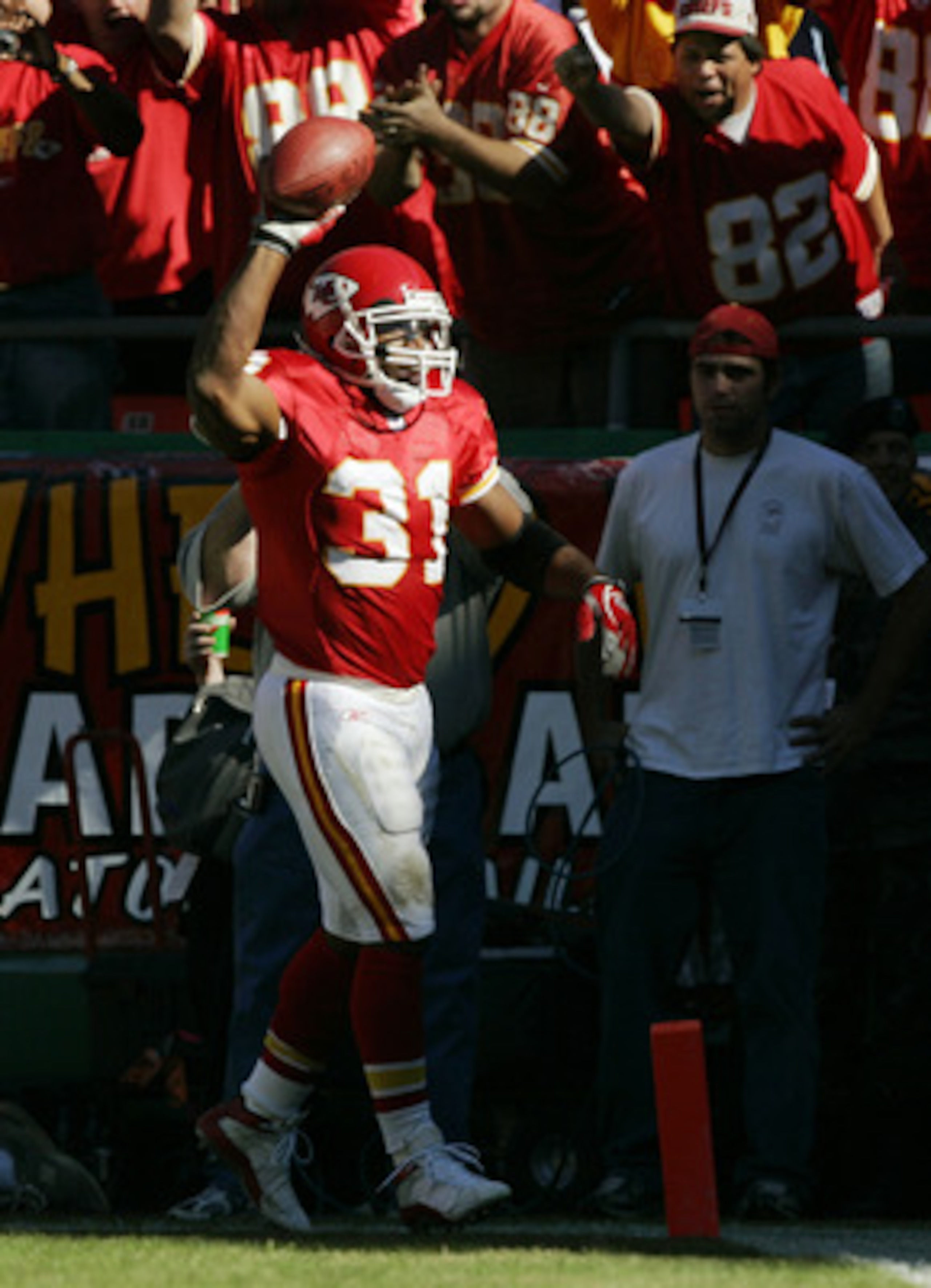 KANSAS CITY, MO - OCTOBER 24:  Running back Priest Holmes #31 of the Kansas City Chiefs celebrates his first touchdown against the Atlanta Falcons in the first quarter October 24, 2004 at Arrowhead Stadium in Kansas City, Missouri.  Holmes had four of an 