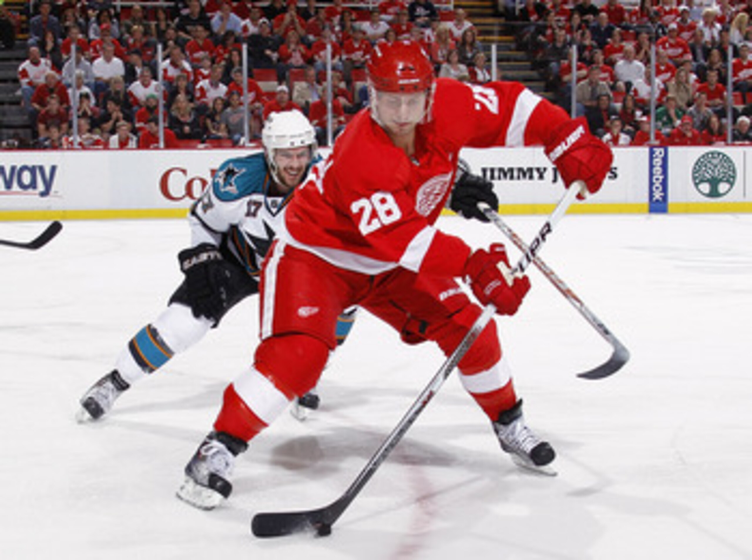 DETROIT - MAY 6: Brian Rafalski #28 of the Detroit Red Wings controls the puck in front of Torrey Mitchell #17 of the San Jose Sharks during the third period in Game Four of the Western Conference Semifinals during the 2011 NHL Stanley Cup Playoffs on May DETROIT - MAY 6: Brian Rafalski #28 of the Detroit Red Wings controls the puck in front of Torrey Mitchell #17 of the San Jose Sharks during the third period in Game Four of the Western Conference Semifinals during the 2011 NHL Stanley Cup Playoffs on May